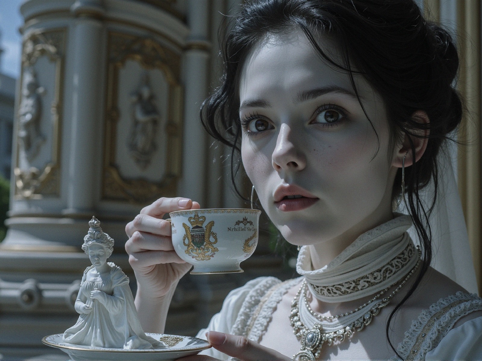 Young Woman in Vintage Gown with Porcelain Tea Set