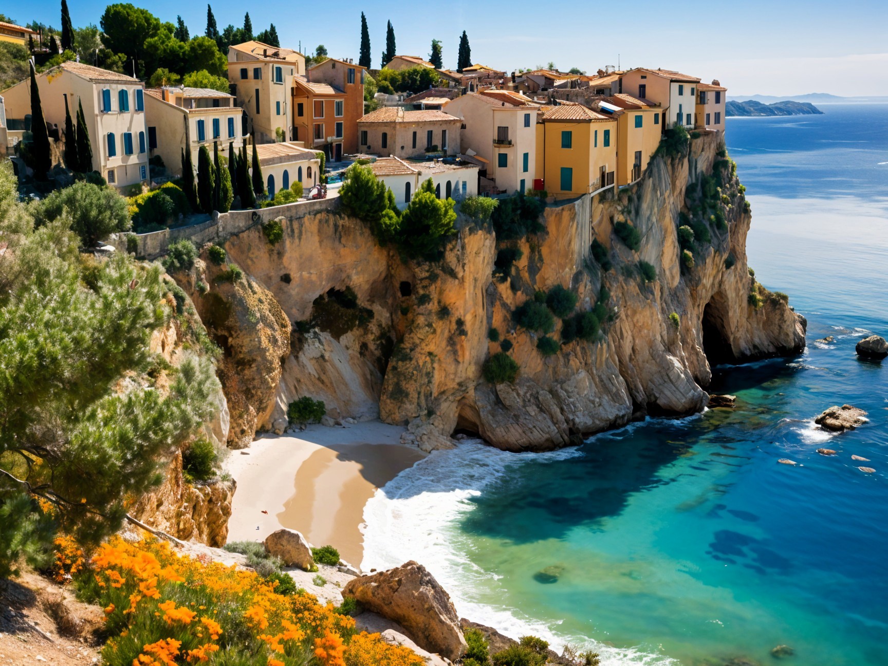 Ancient Village on Cliffside Overlooking Mediterranean Sea
