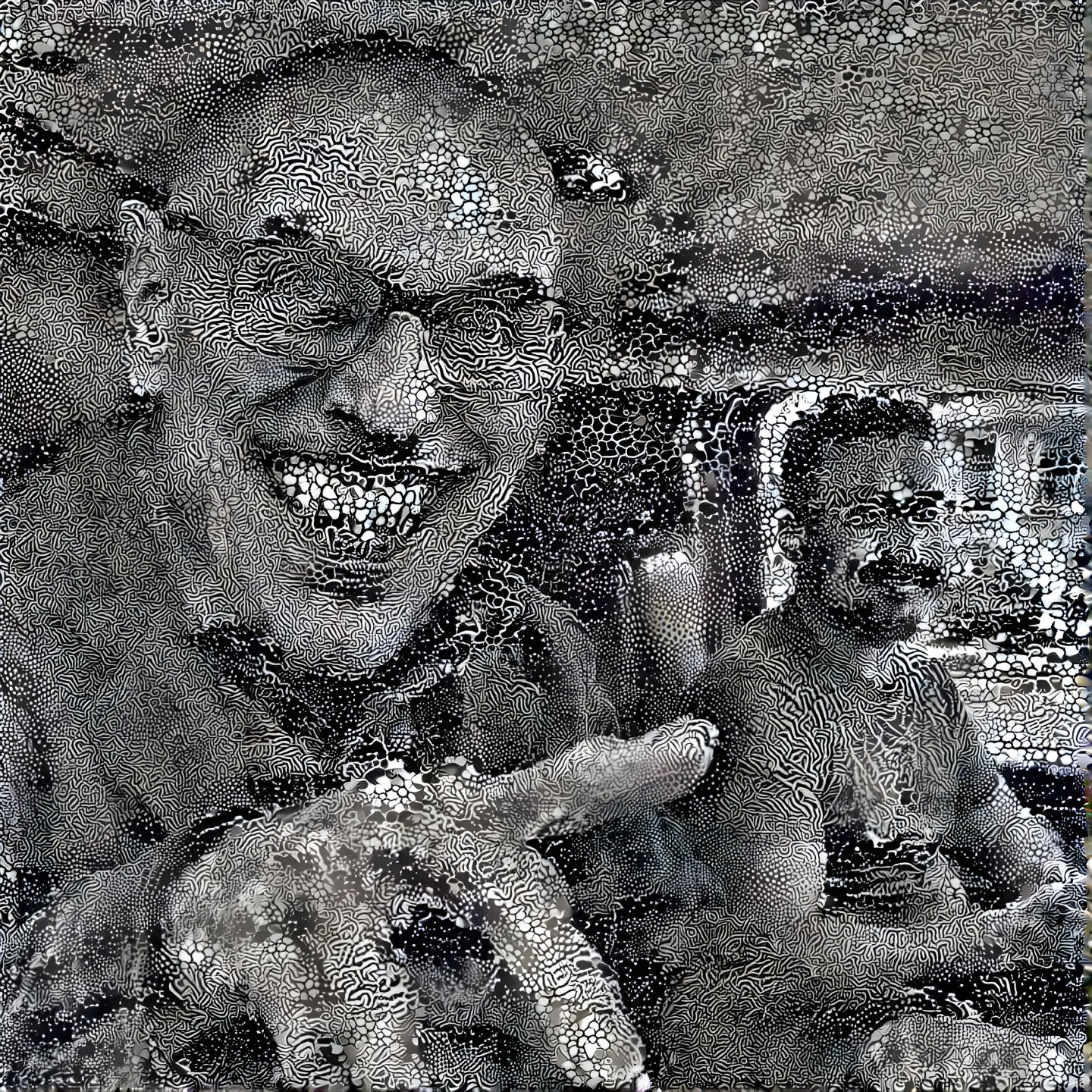 High-contrast abstract depiction of two individuals in a vehicle