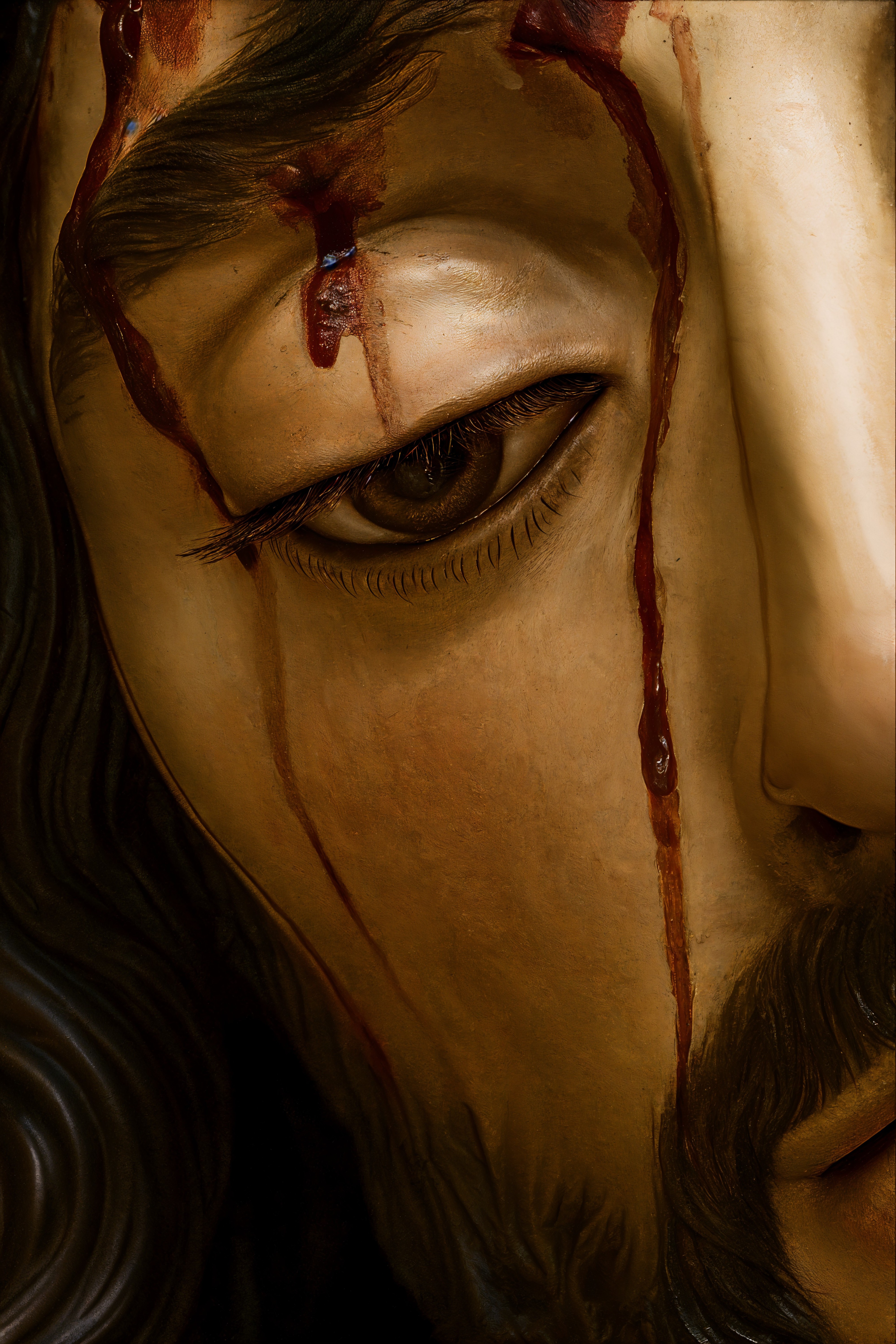 Close-up of a detailed sculpted face with blood tears