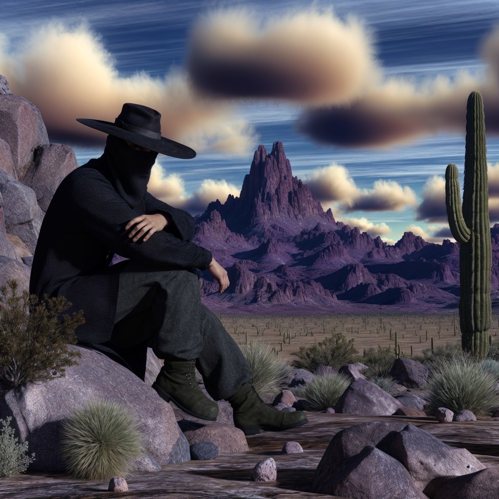 Mysterious Figure Overlooking Desert Landscape and Mountains