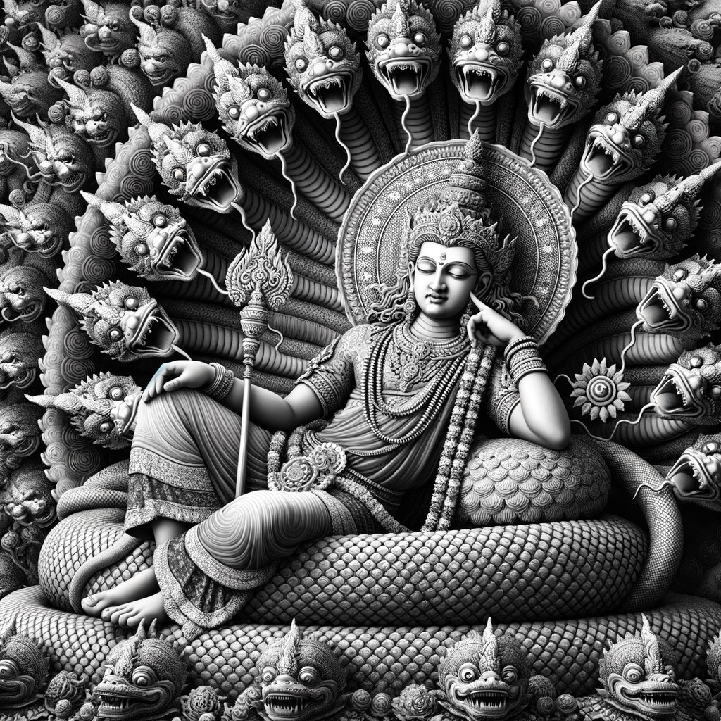 Serene Figure Surrounded by Serpent Heads and Halo