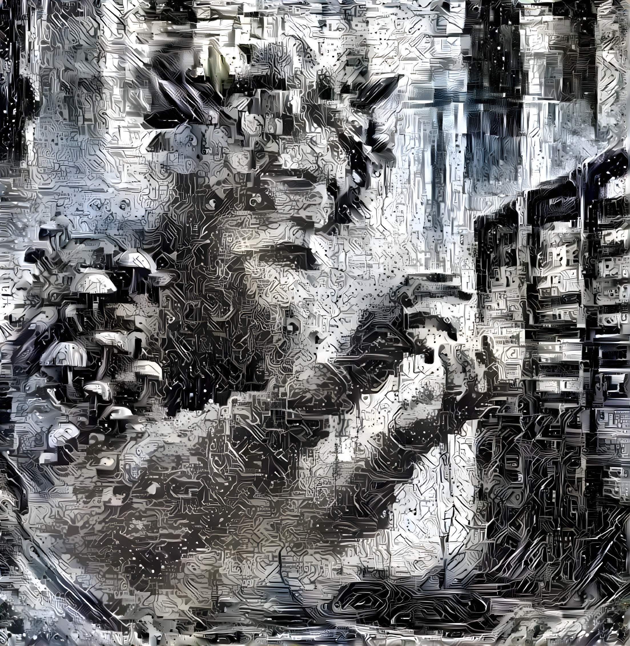 Abstract Lion-like Figure with Mushrooms and Tech Elements