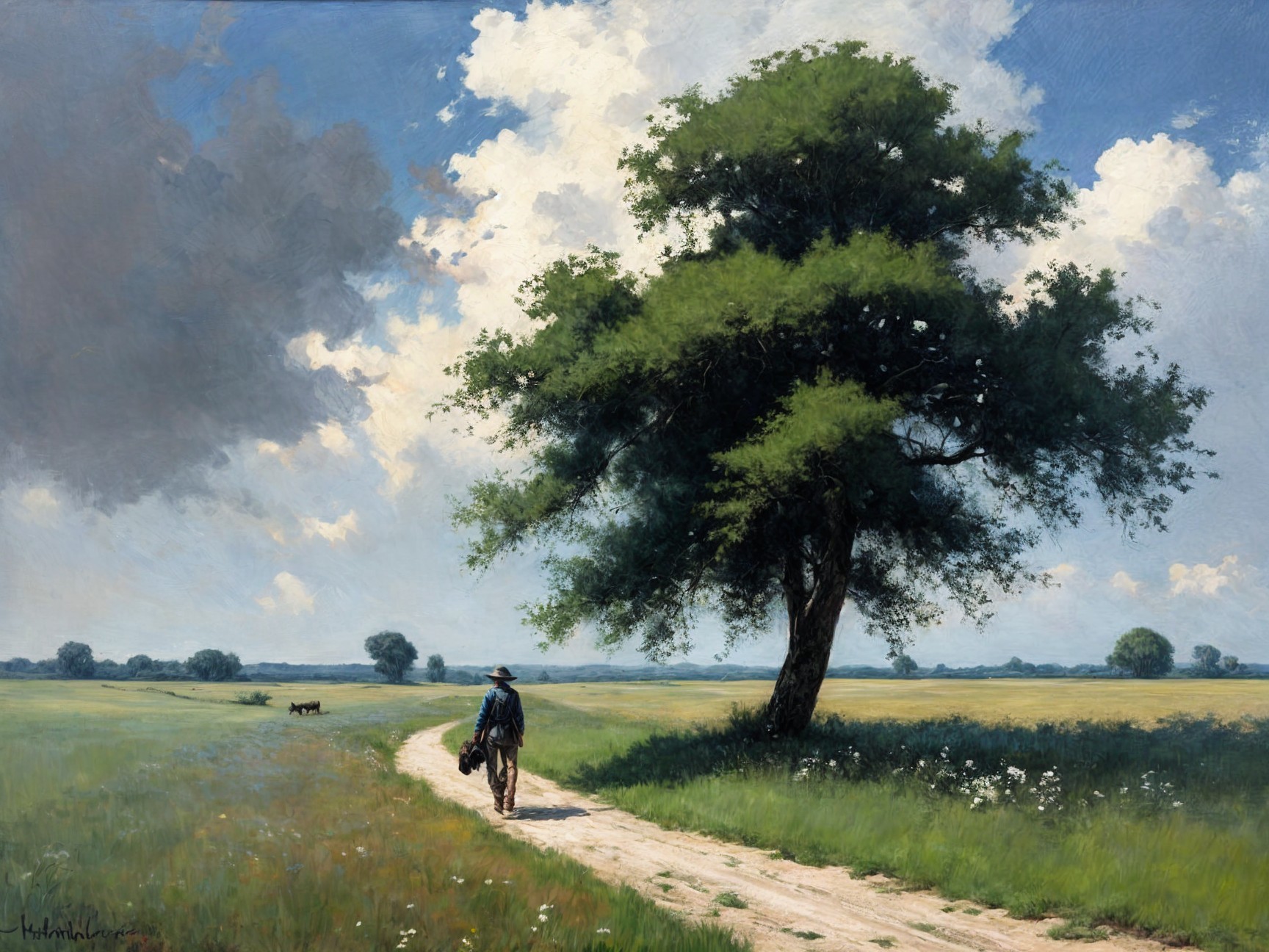 Lone Figure Walking Through a Tranquil Meadow Scene