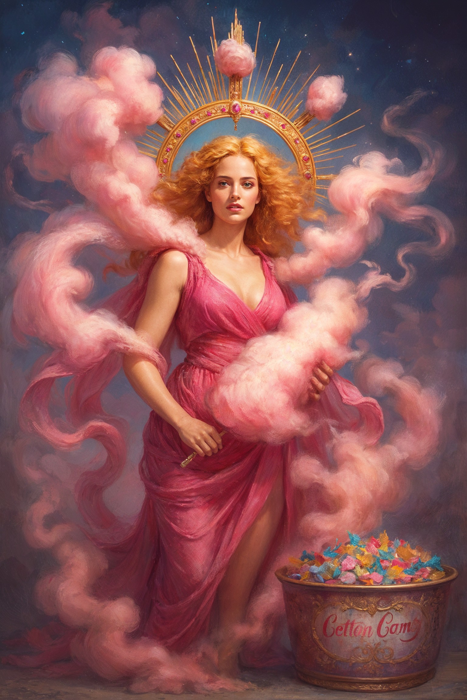 Majestic Figure in Pink Gown Surrounded by Clouds