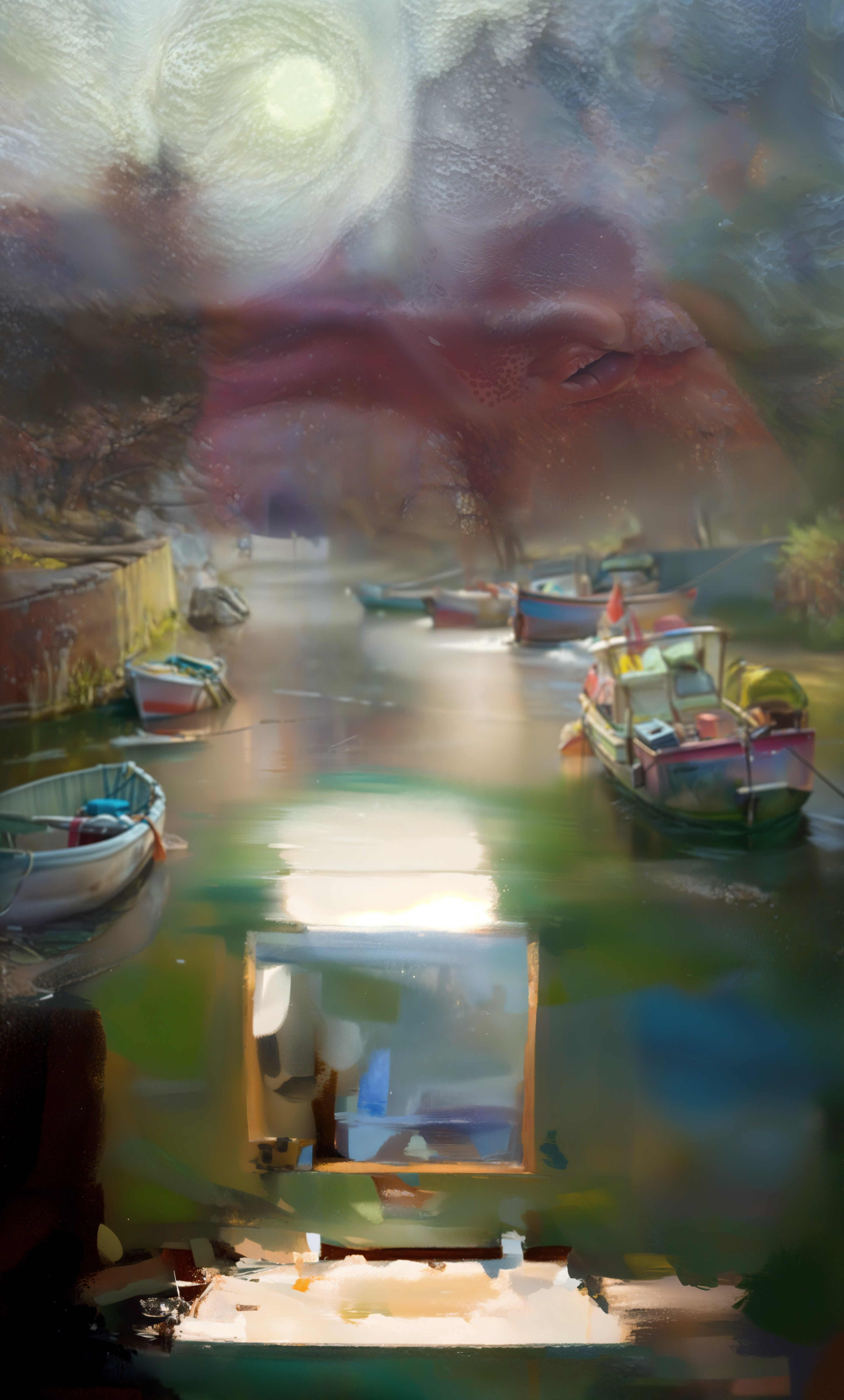 Abstract Oil Painting of Boats on Illuminated Water