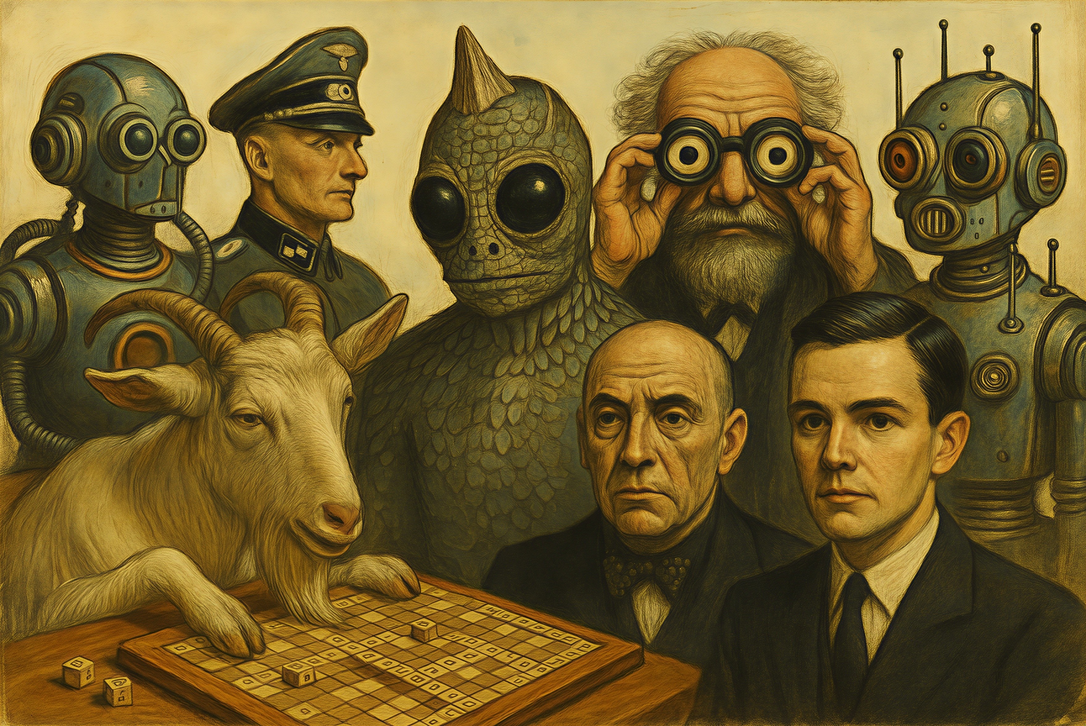 Surreal Gathering of Characters in Mysterious Setting