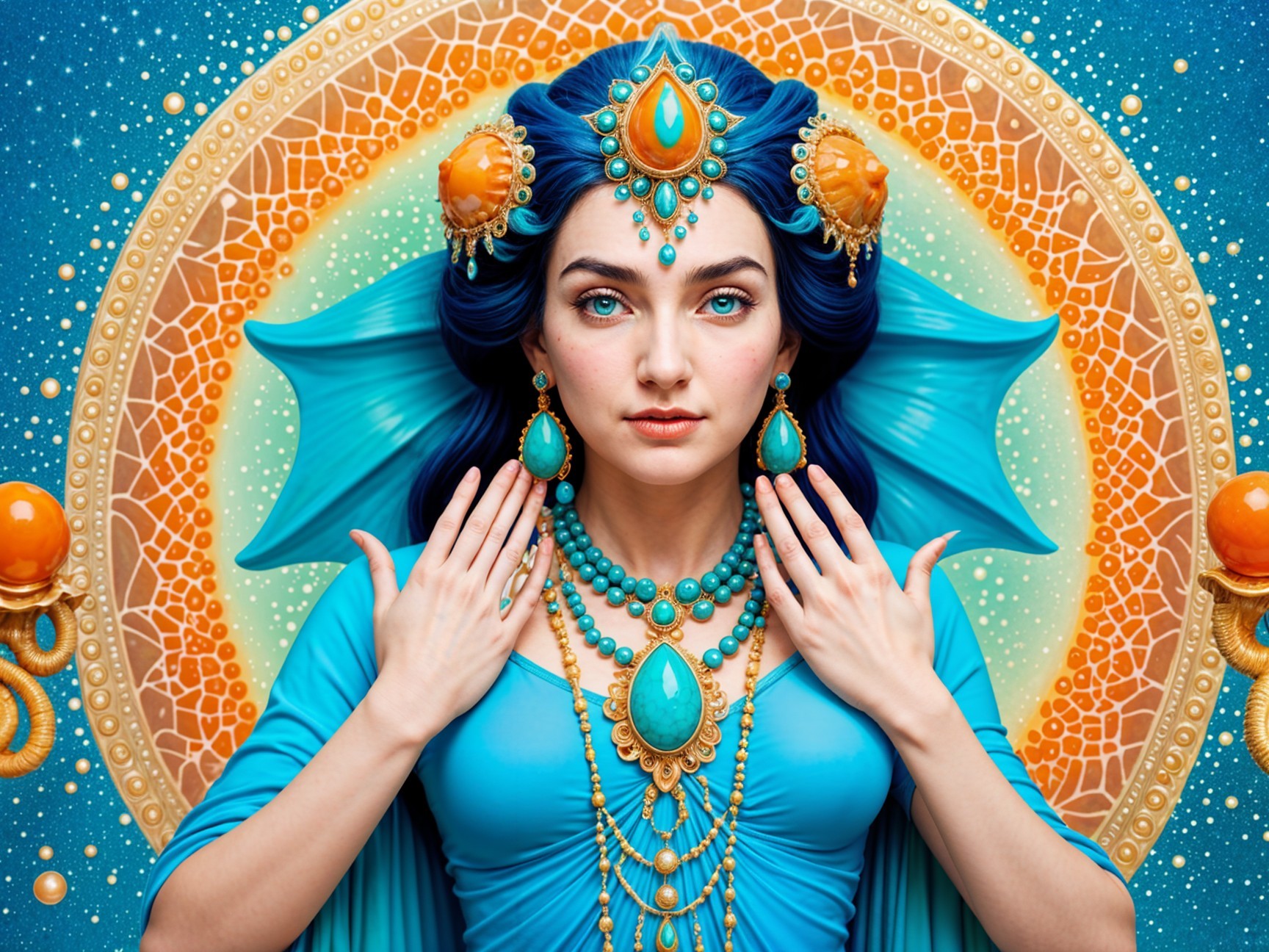 Woman with Blue Hair in Turquoise Attire and Jewelry