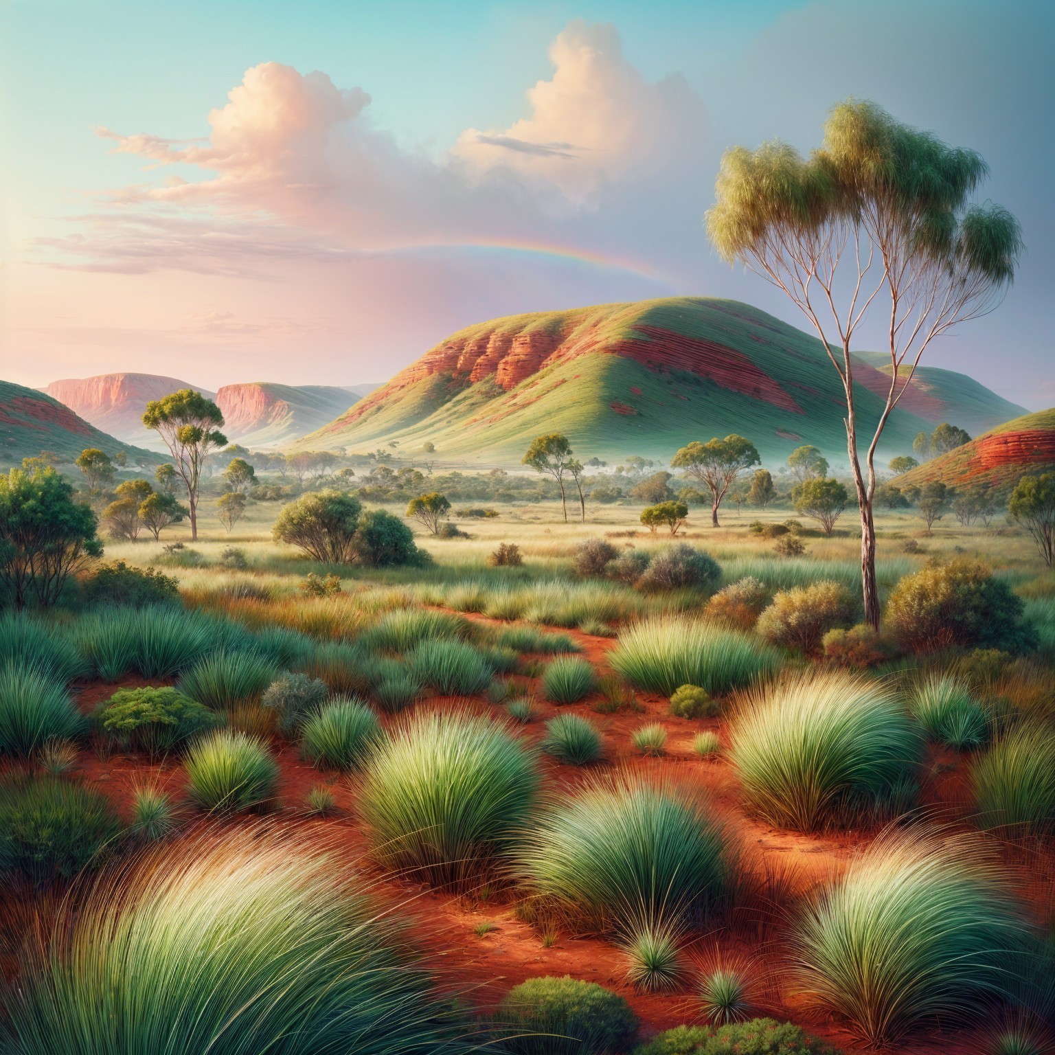 Serene Landscape with Rolling Hills and Rainbow