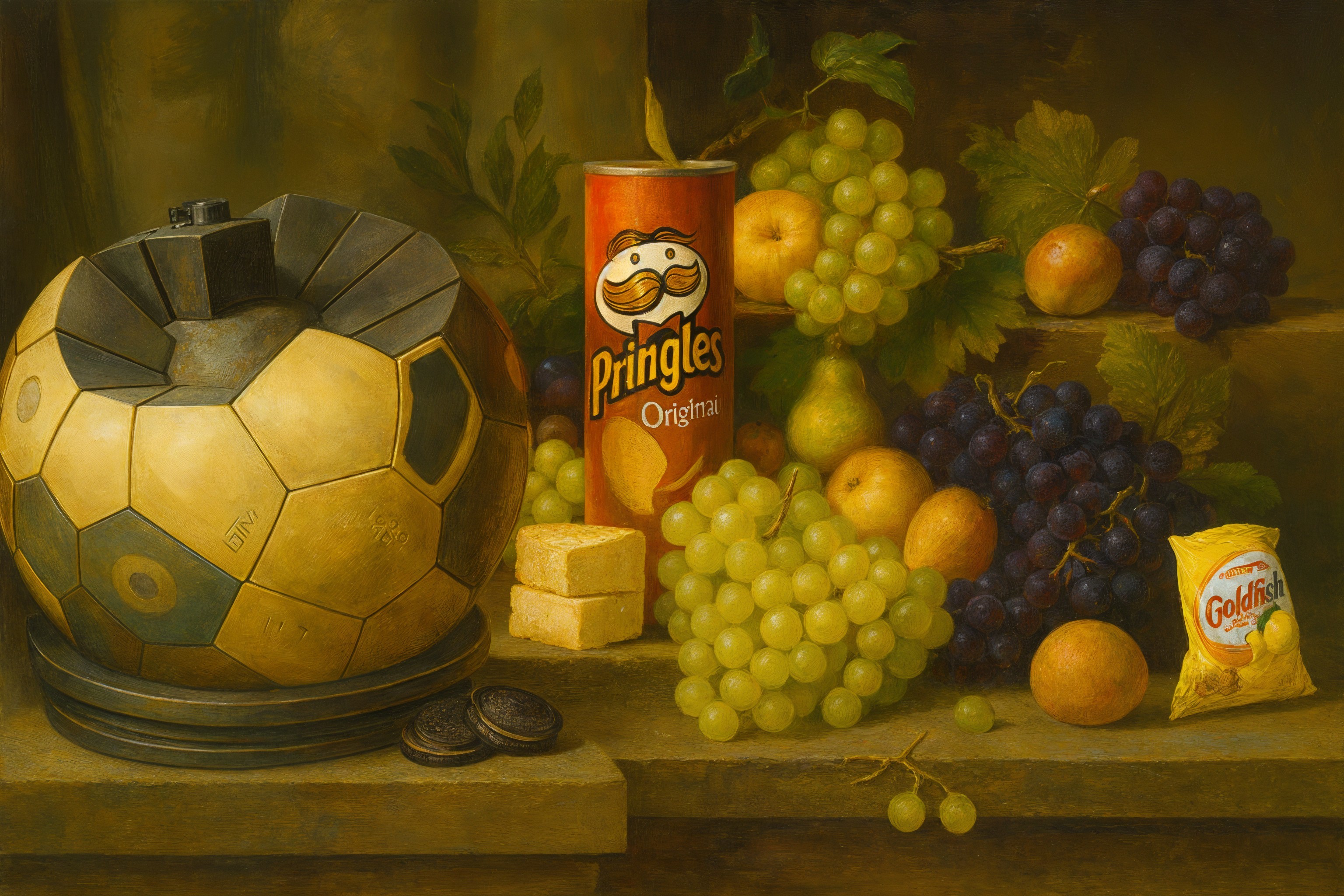 Still Life with Soccer Ball and Snacks on Stone Ledge