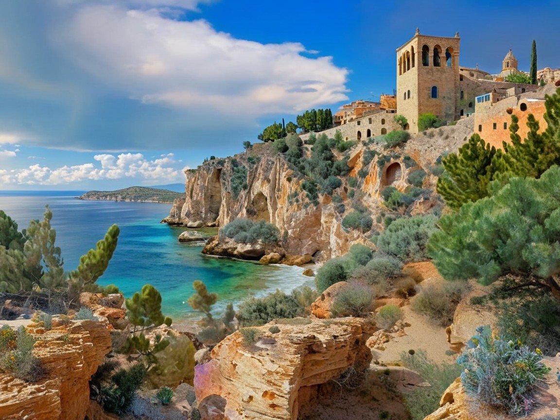 Coastal Village with Church Tower and Scenic Bay View