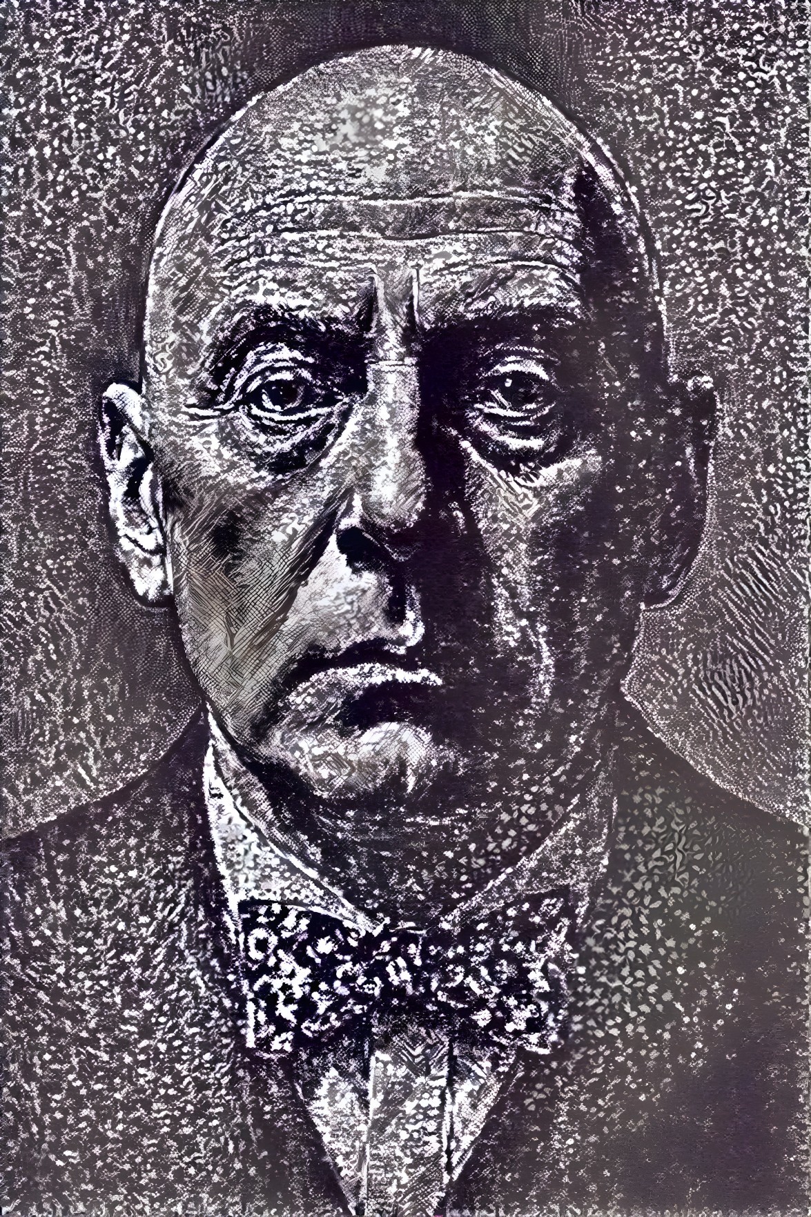 Detailed Portrait of a Bald Man in Dark Suit