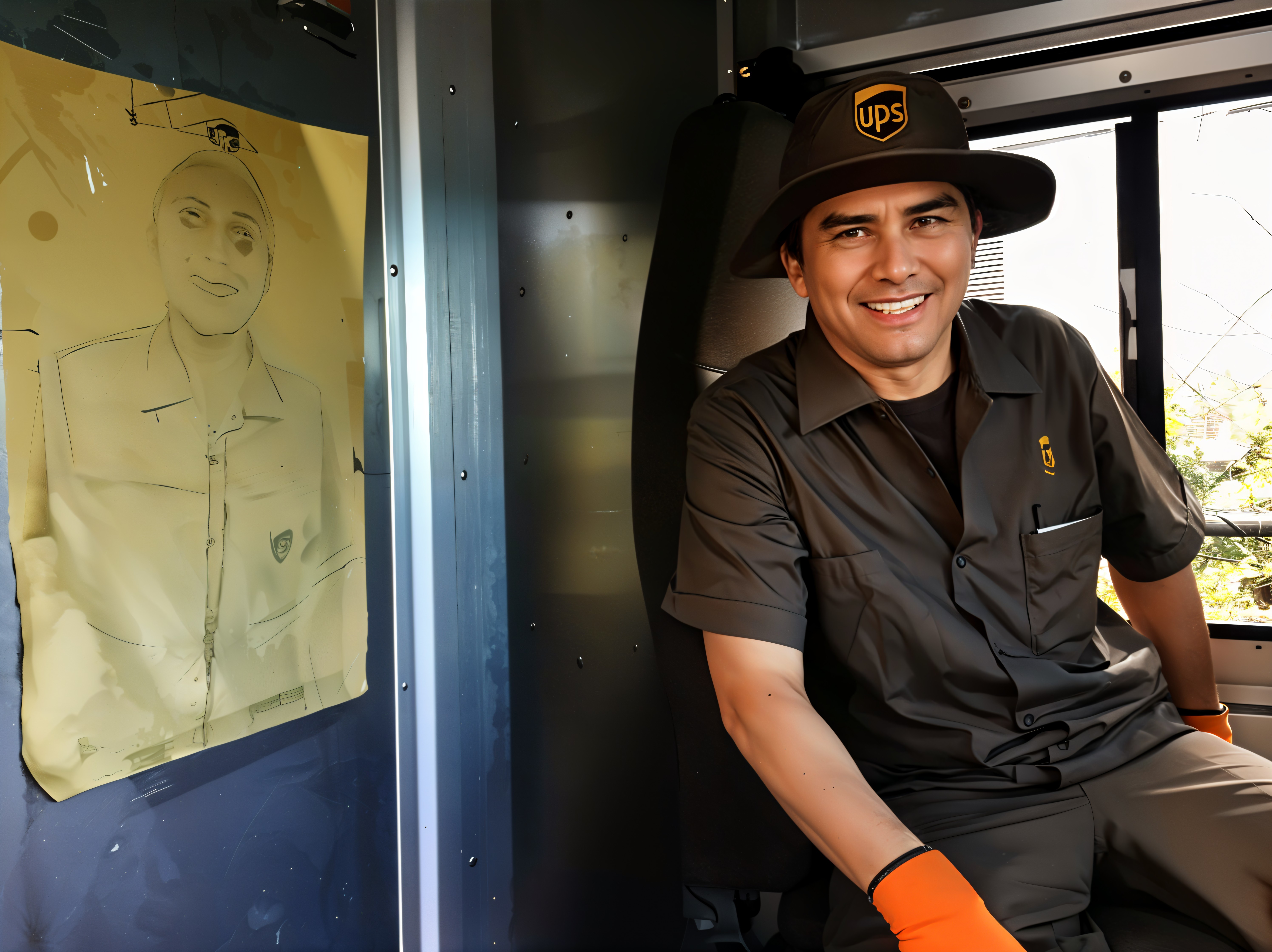 UPS Delivery Driver in Truck with Personal Touches