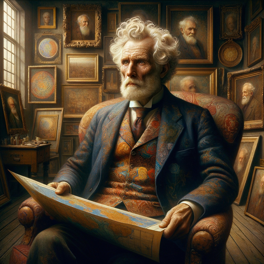 Elderly Gentleman Analyzing Map in Ornate Armchair