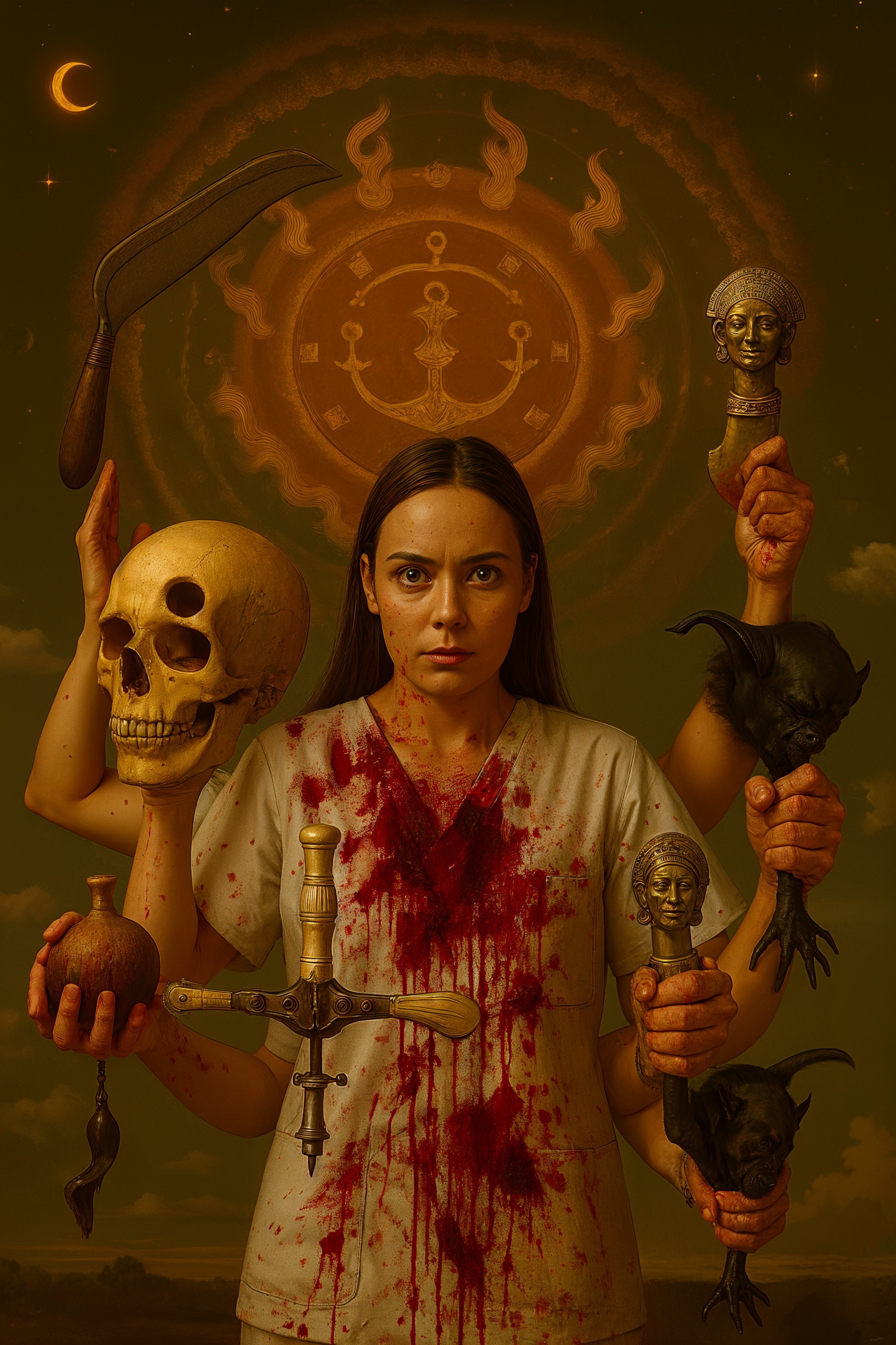 Woman in Dark Atmosphere with Eerie Objects and Symbols