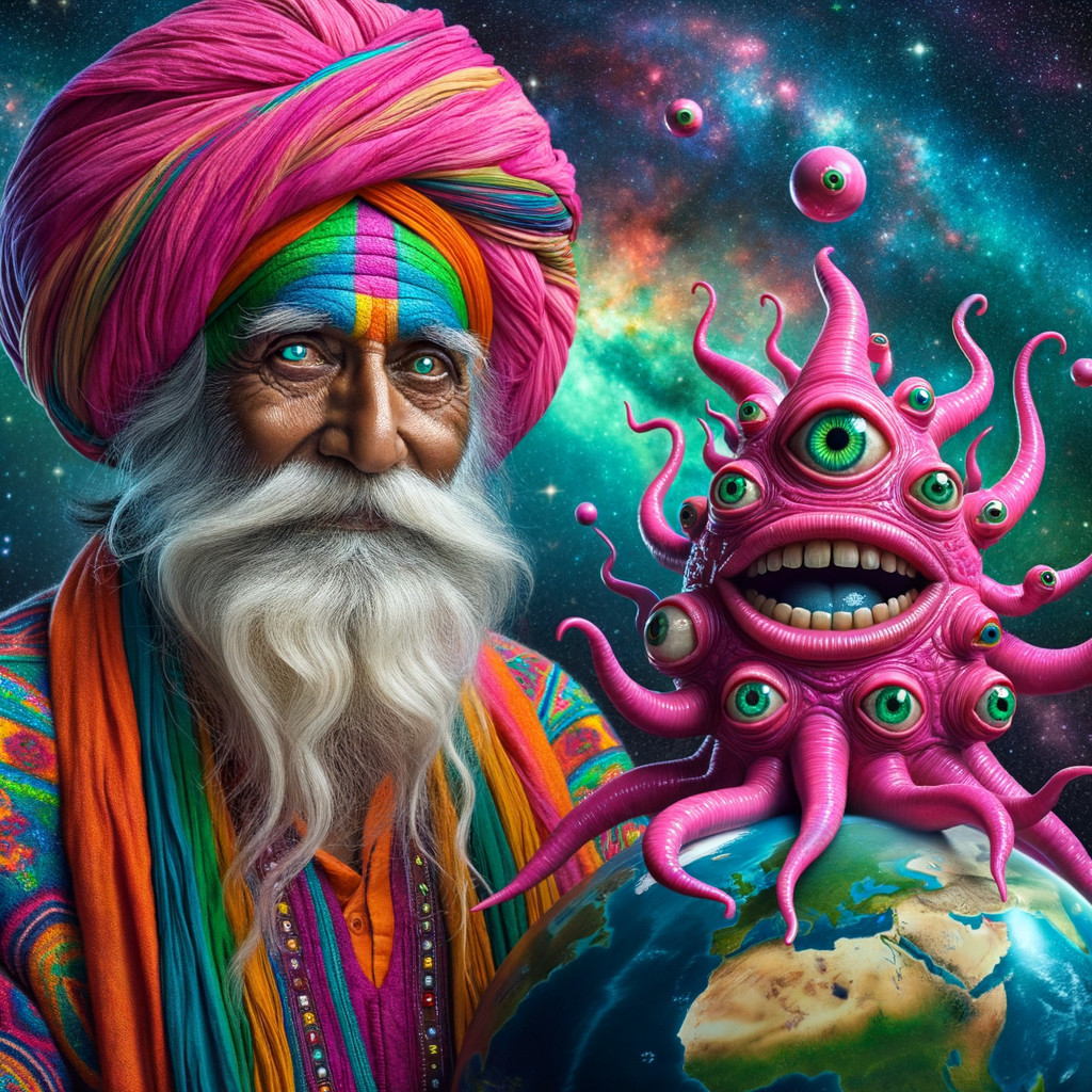 Elderly Man in Colorful Attire with Surreal Creature
