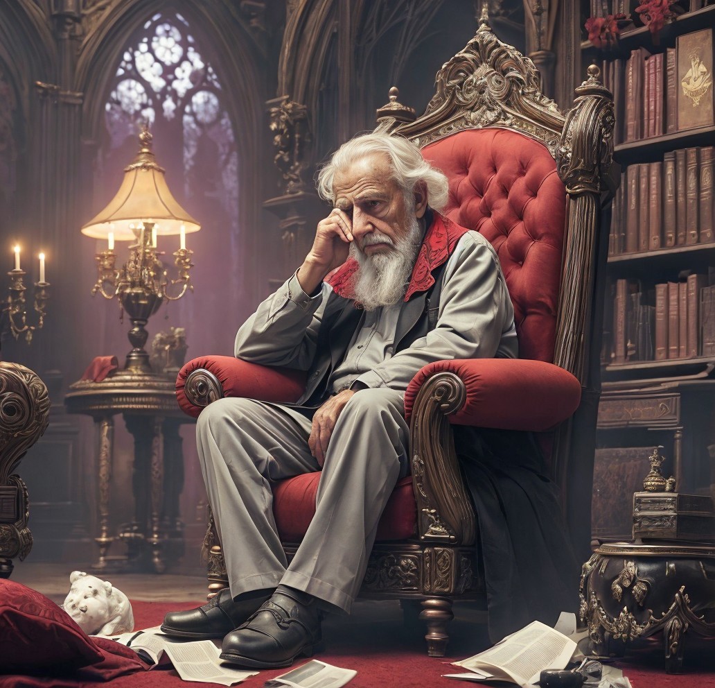 Elderly Man in Library with Cat and Gothic Elements