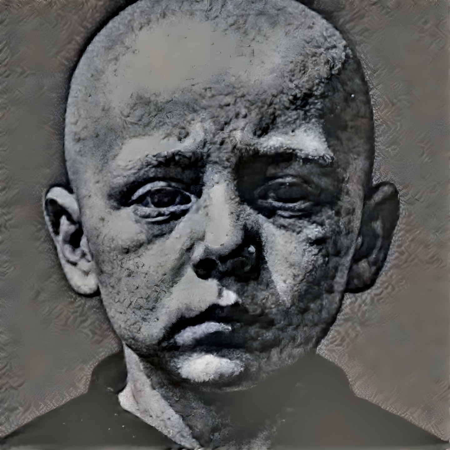 Close-up of a young boy with a shaved head and expression