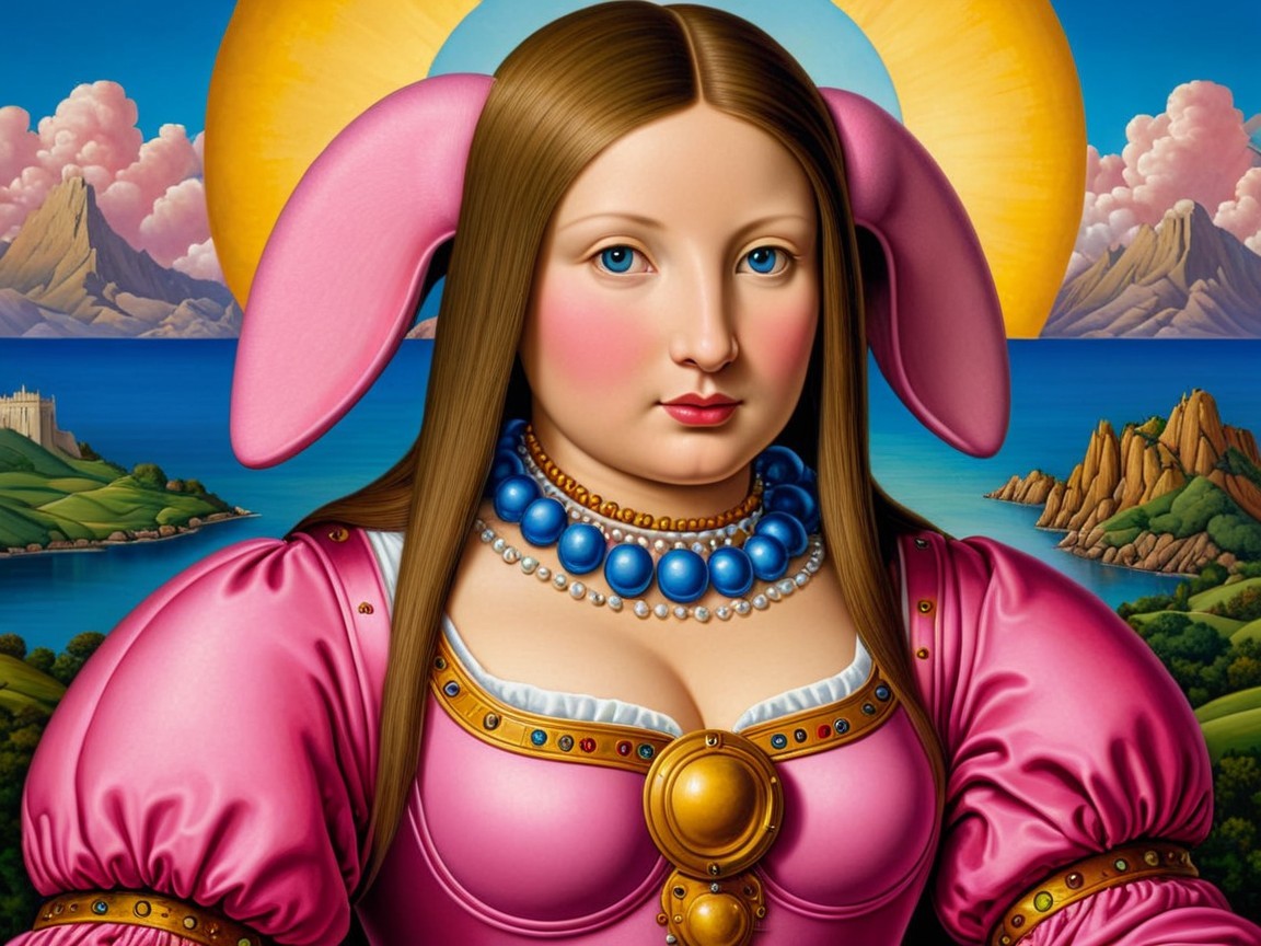 Woman in Pink Dress with Bunny Ears in Fantasy Landscape