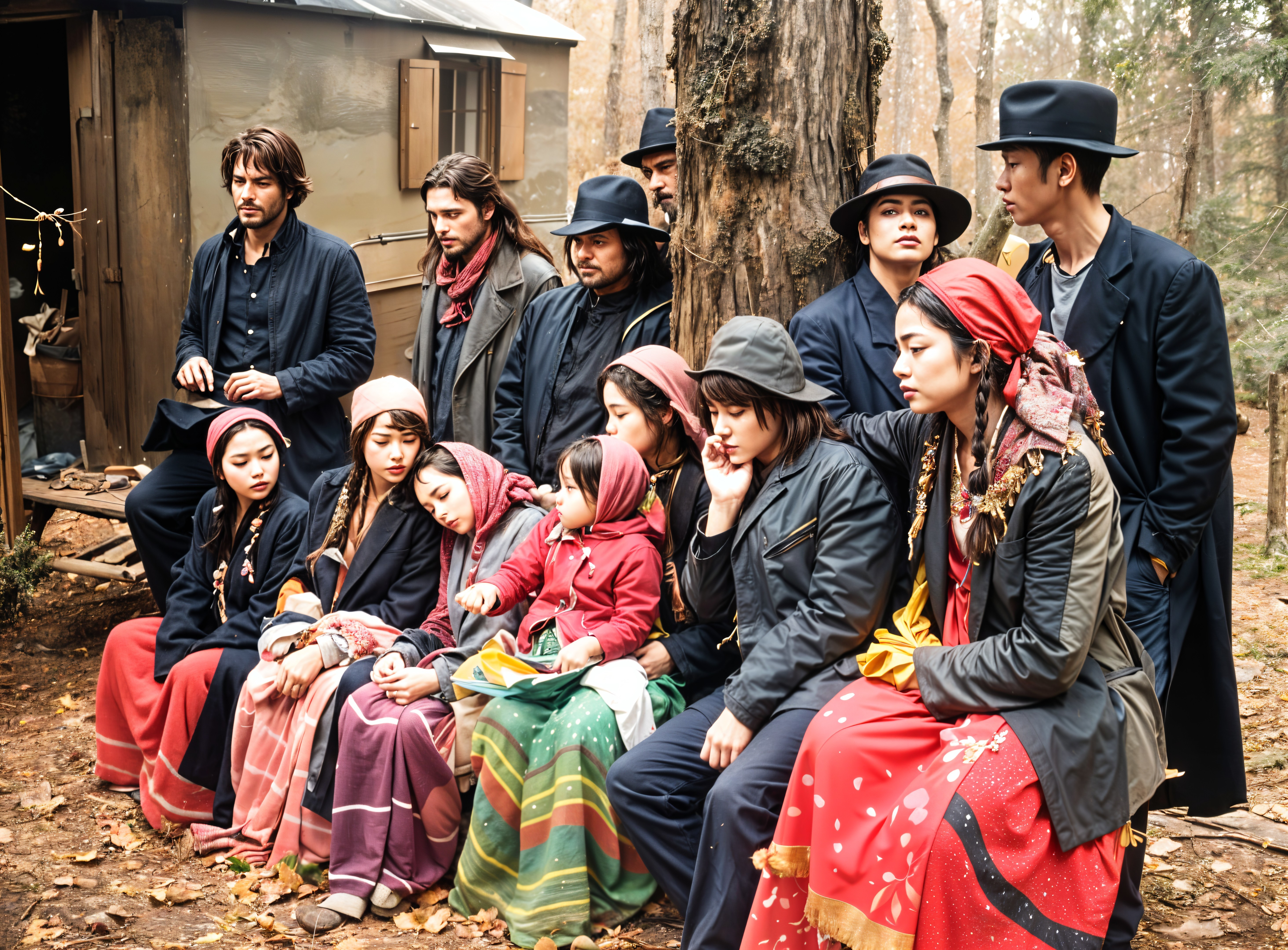 Gathering of People in a Wooded Area with Cabin