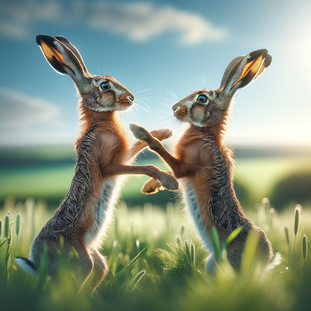 Playful Rabbits in Sunlit Meadow Duel Scene