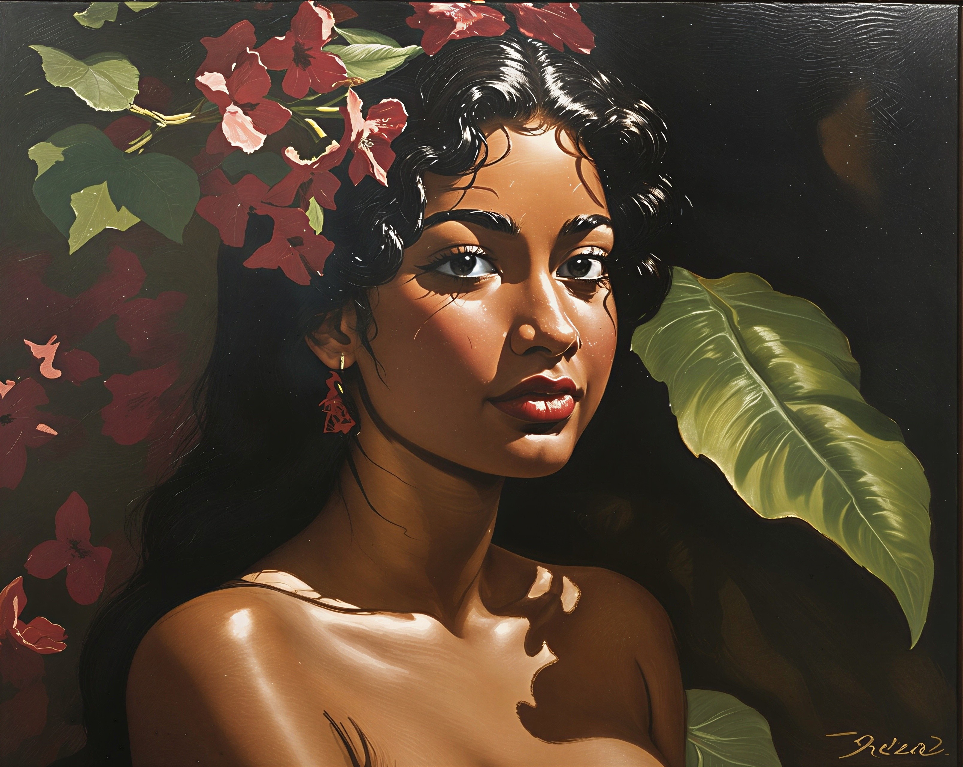 Portrait of a Woman with Dark Hair and Pink Flowers