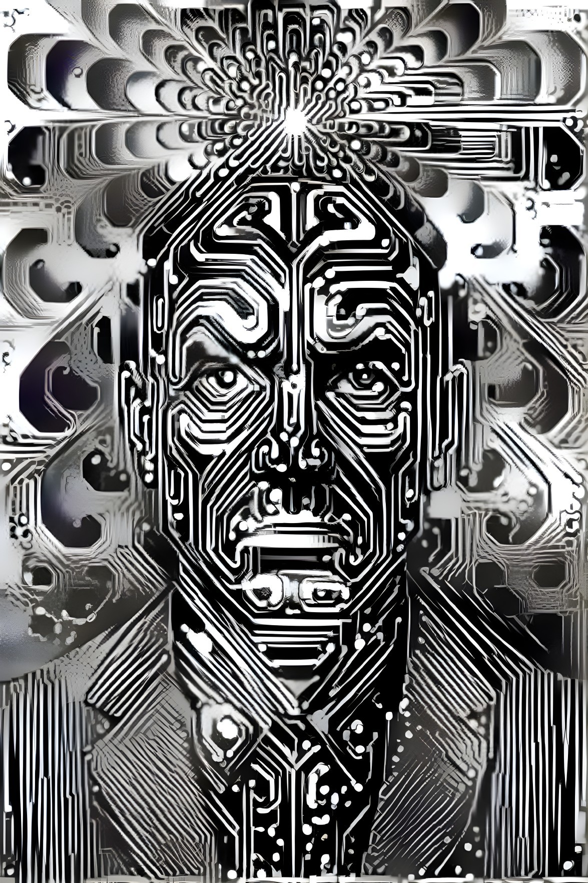 Stylized Black-and-White Portrait of a Man with Circuitry