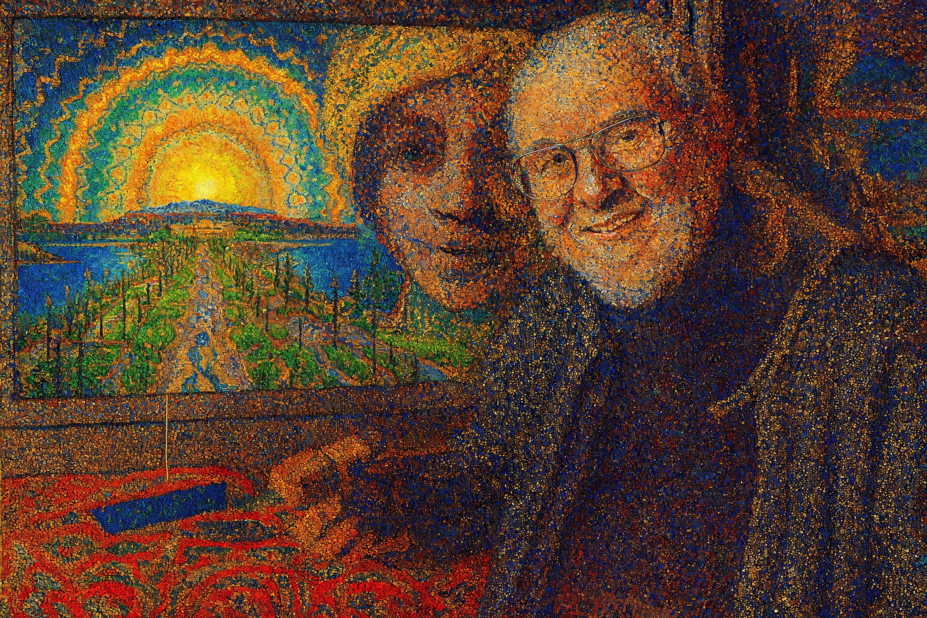 Colorful Landscape Painting with Artist and Warm Smile