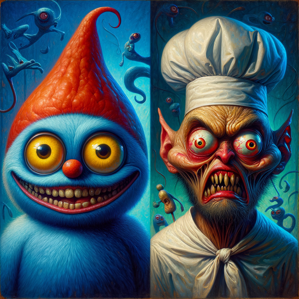 Contrasting Characters: Whimsical Creature and Sinister Chef