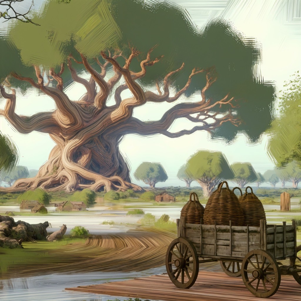 Ancient Tree and River Landscape with Huts and Cart