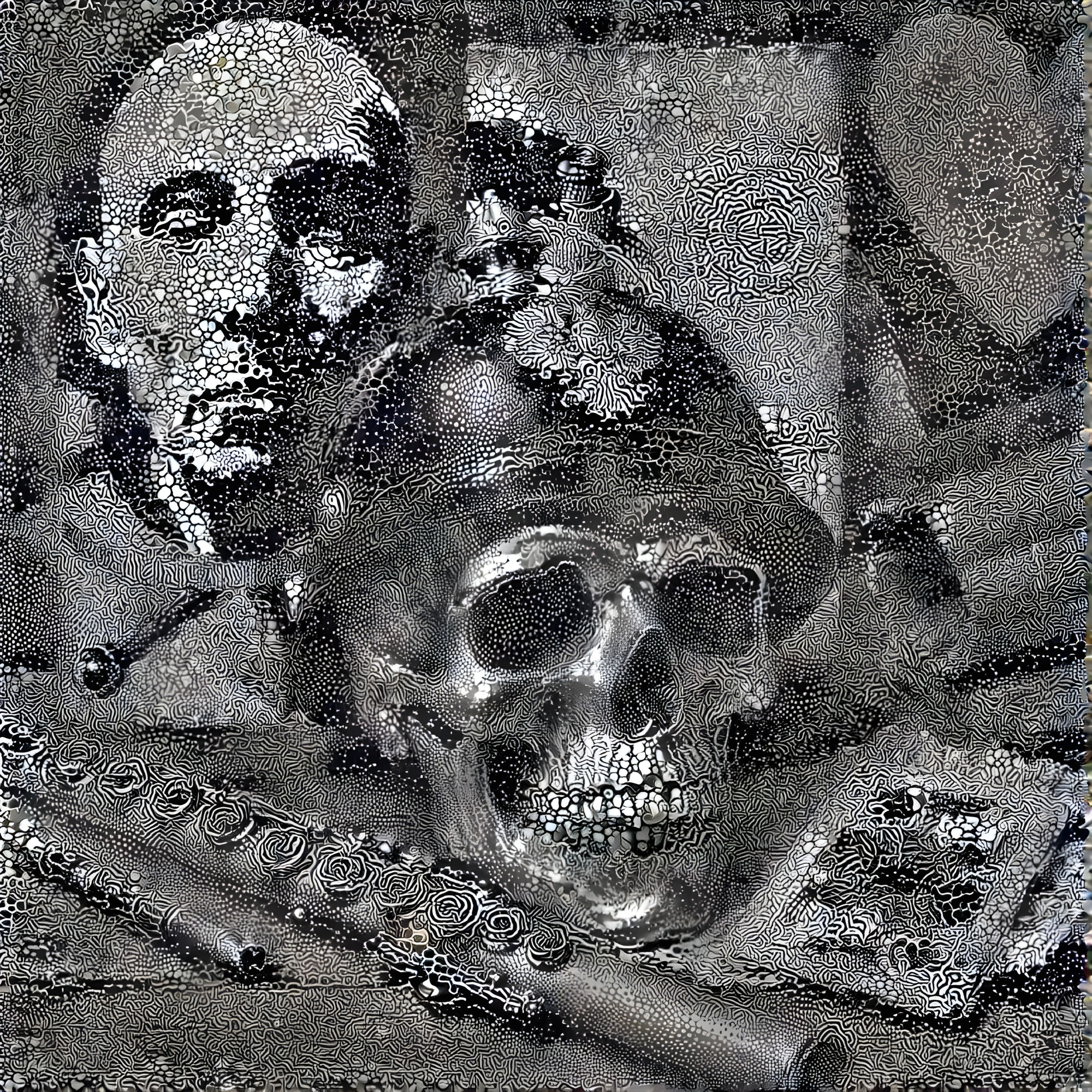 Monochromatic Skull and Police Helmet Composition