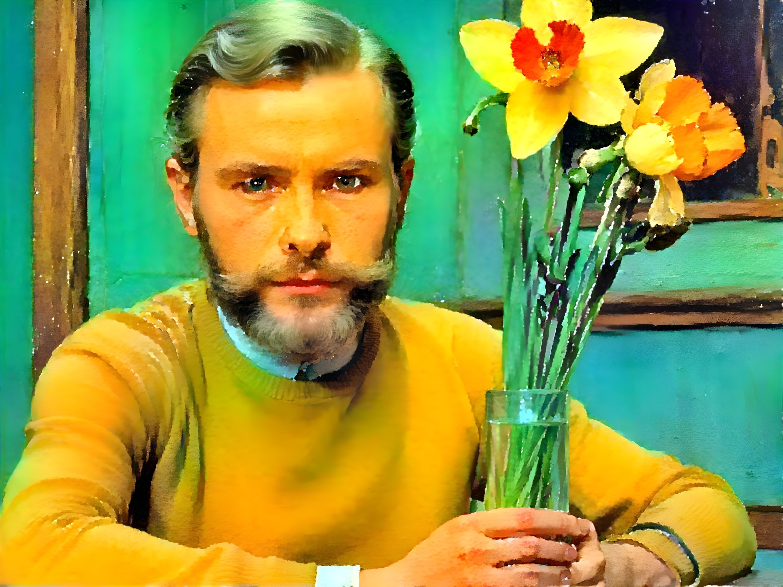 Man in Yellow Sweater with Daffodils at Table