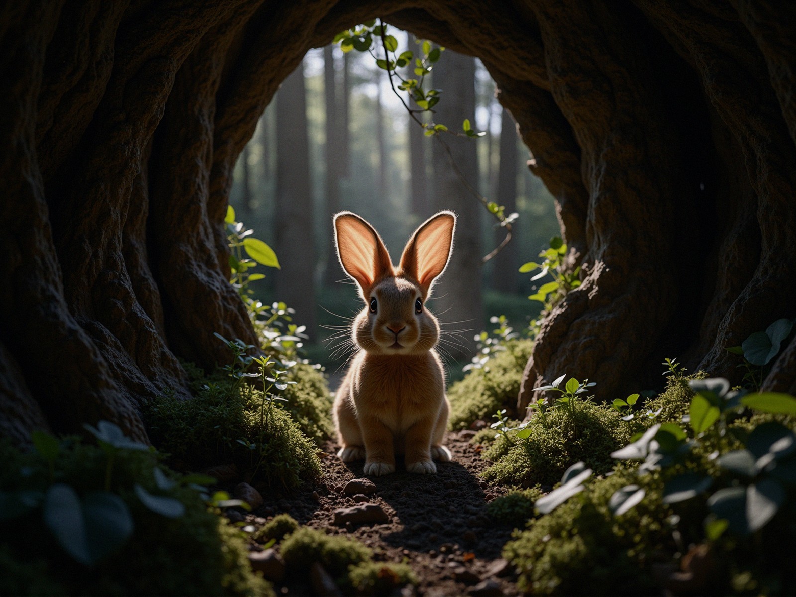 Rabbit at Forest Hollow Entrance with Sunlight and Moss