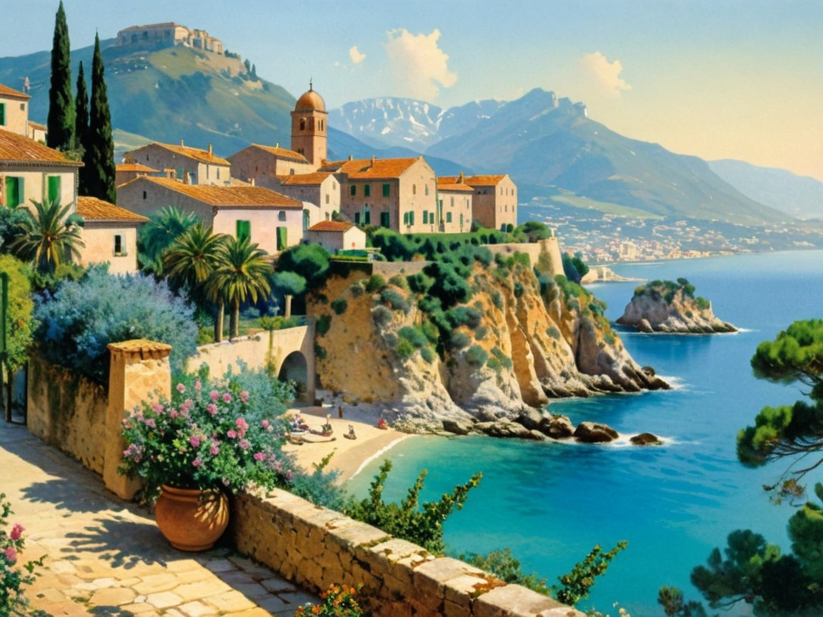 Mediterranean Town on Cliff Overlooking Blue Bay