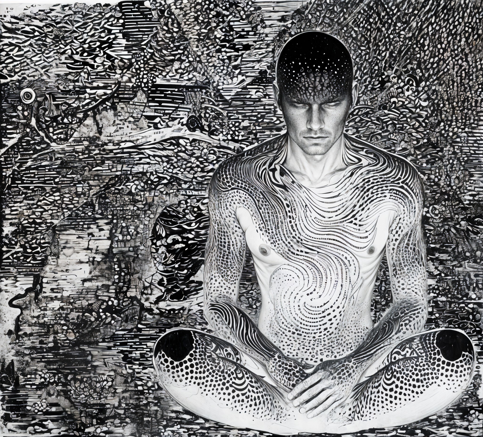 Seated Figure in Meditative Pose with Line Patterns