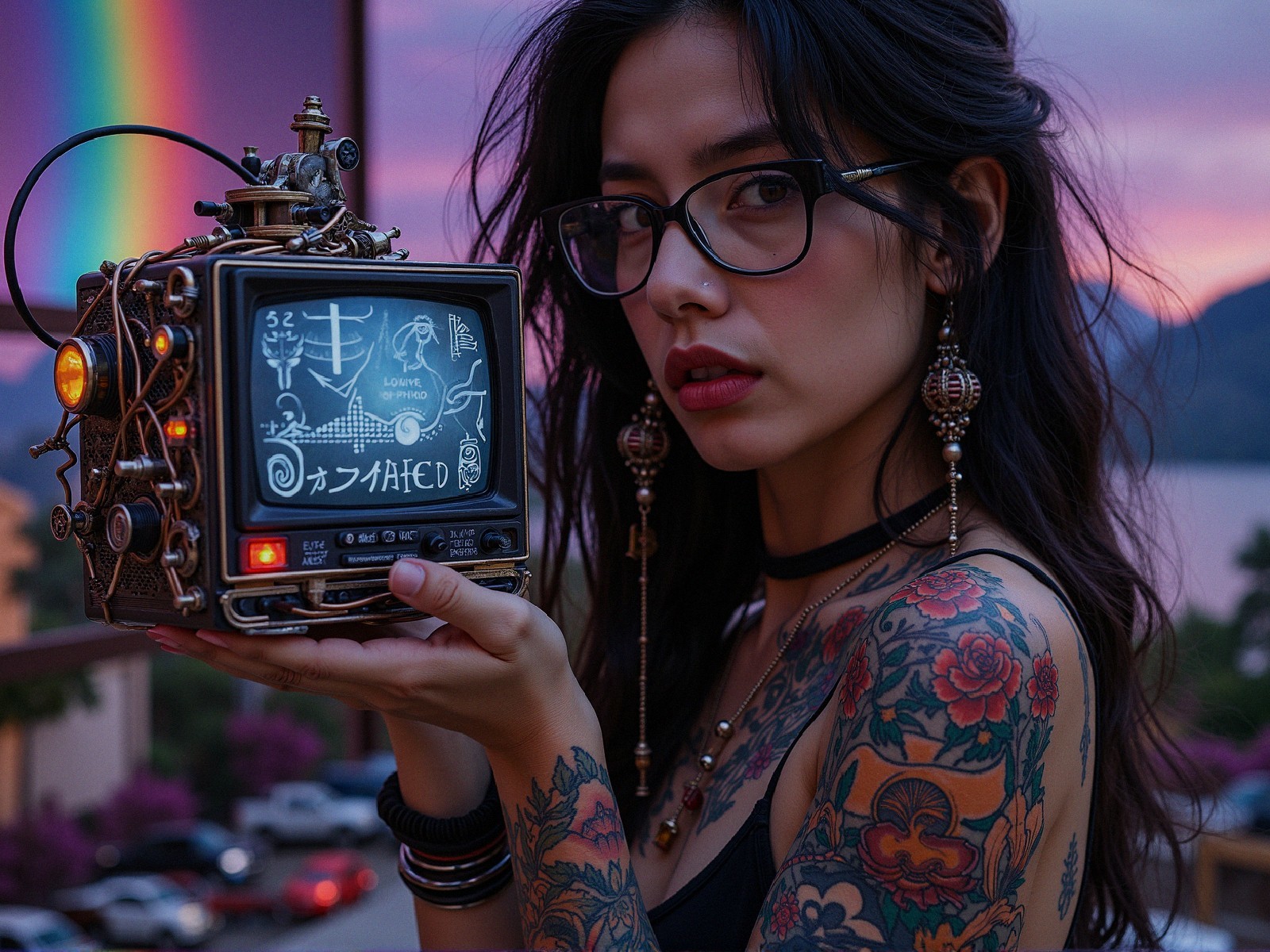 Young woman with steampunk TV and vibrant sunset