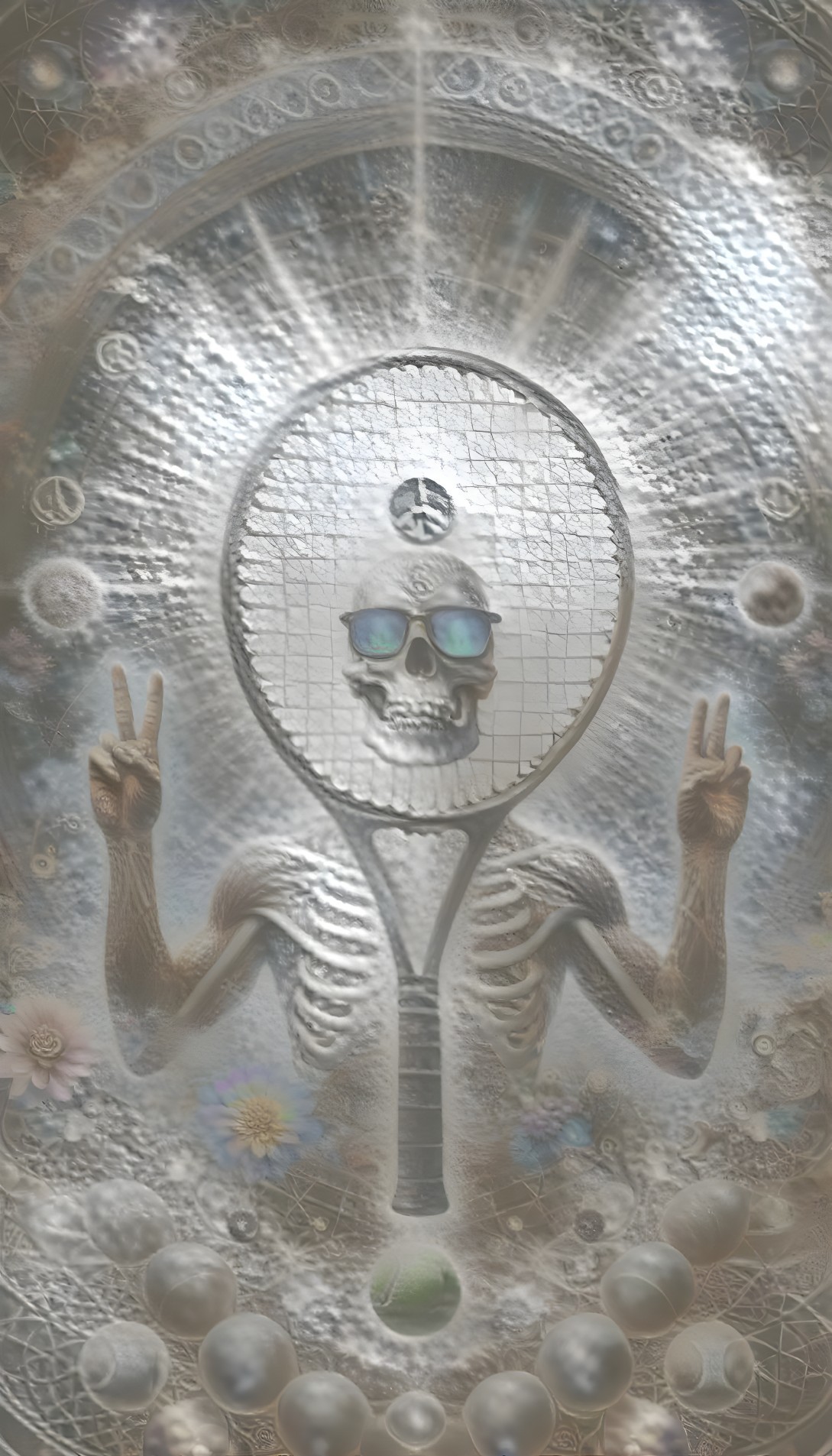 Surreal Scene of a Skeleton with Tennis Racket and Light