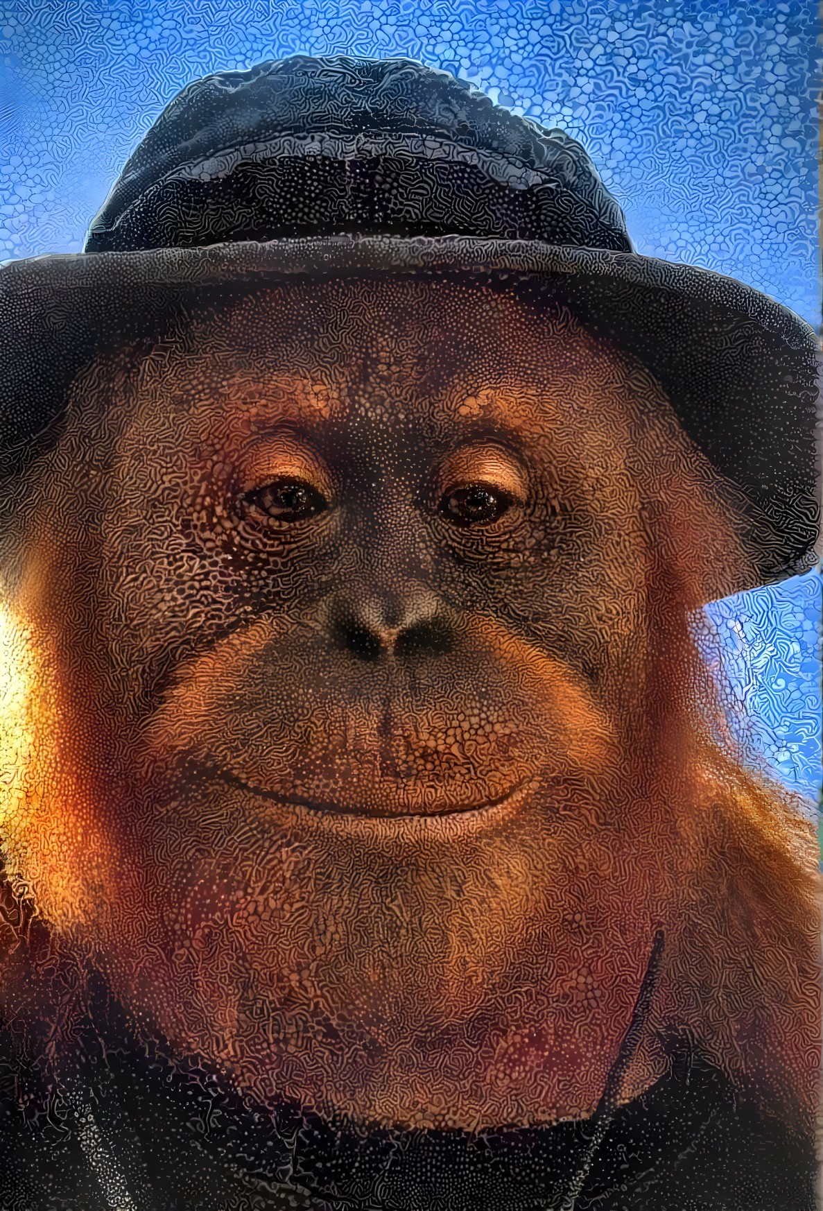 Artistic Portrait of an Orangutan in a Dark Hat