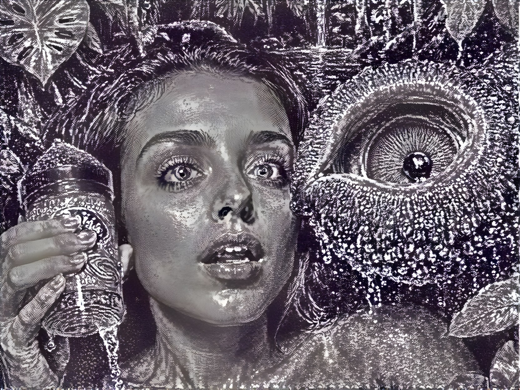 Monochromatic Artwork of a Young Woman with Nature Elements