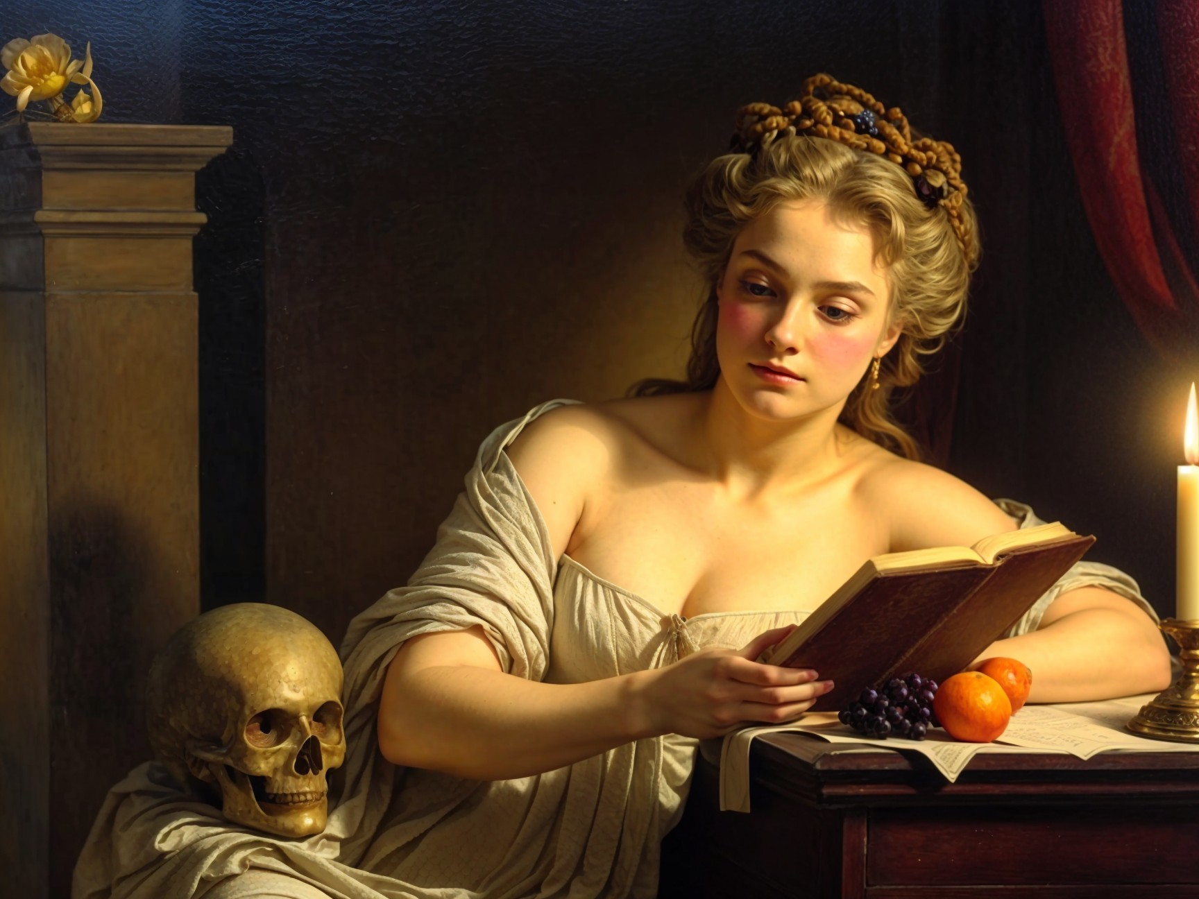 Young Woman in Classical Attire with Skull and Book