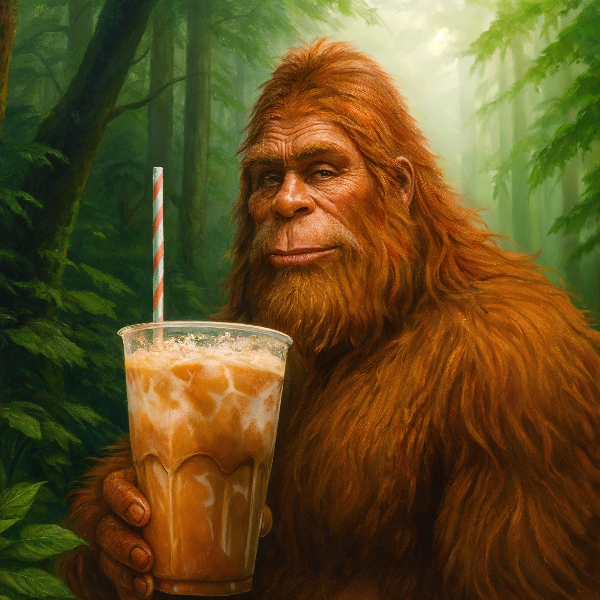 Sasquatch Enjoys Iced Coffee in a Lush Forest