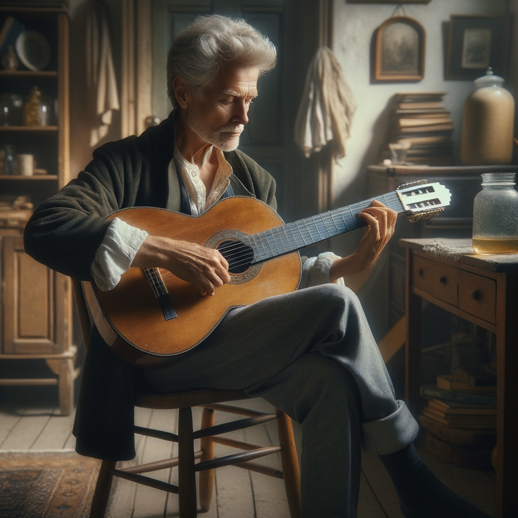 Older Man Playing Classical Guitar in Cozy Room