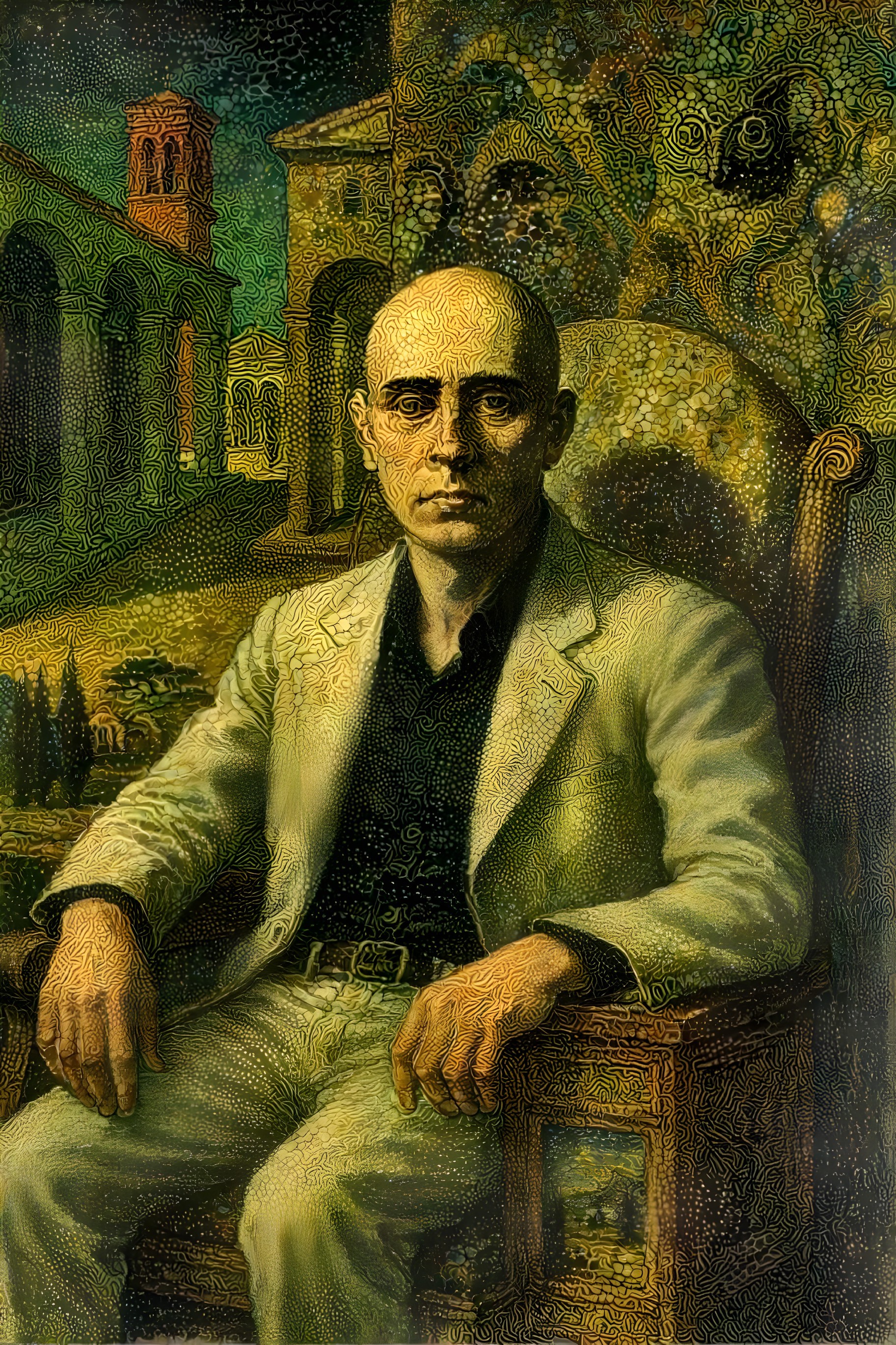 Solitary Figure in Ornate Chair with Dreamlike Background