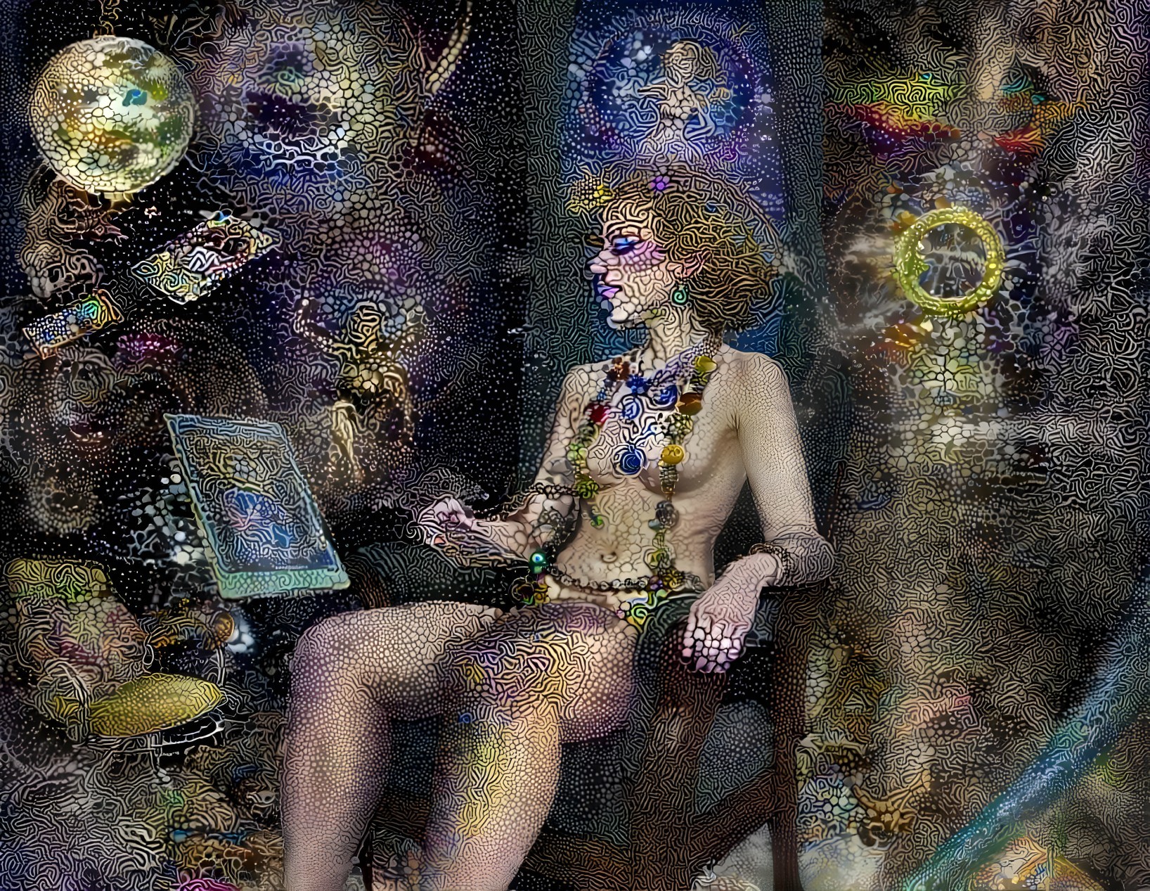 Contemplative Figure in Cosmic-Themed Setting