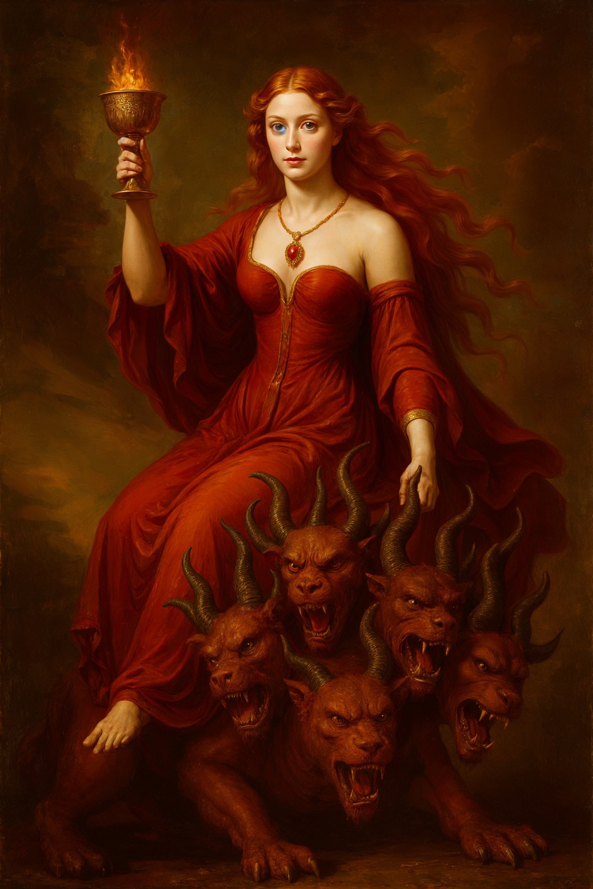 Artwork of a woman in a red gown with a multi-headed creature
