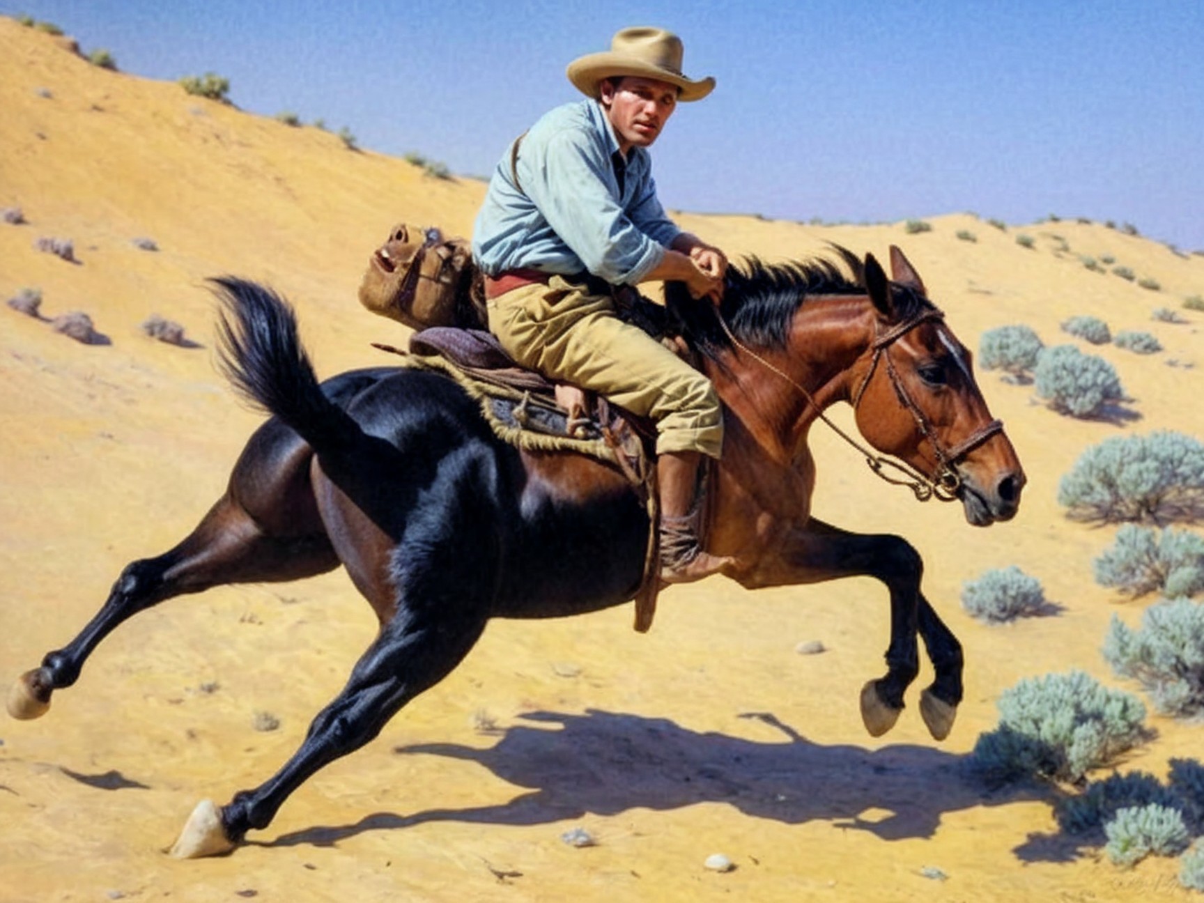 Cowboy Riding Black Horse in Desert Landscape