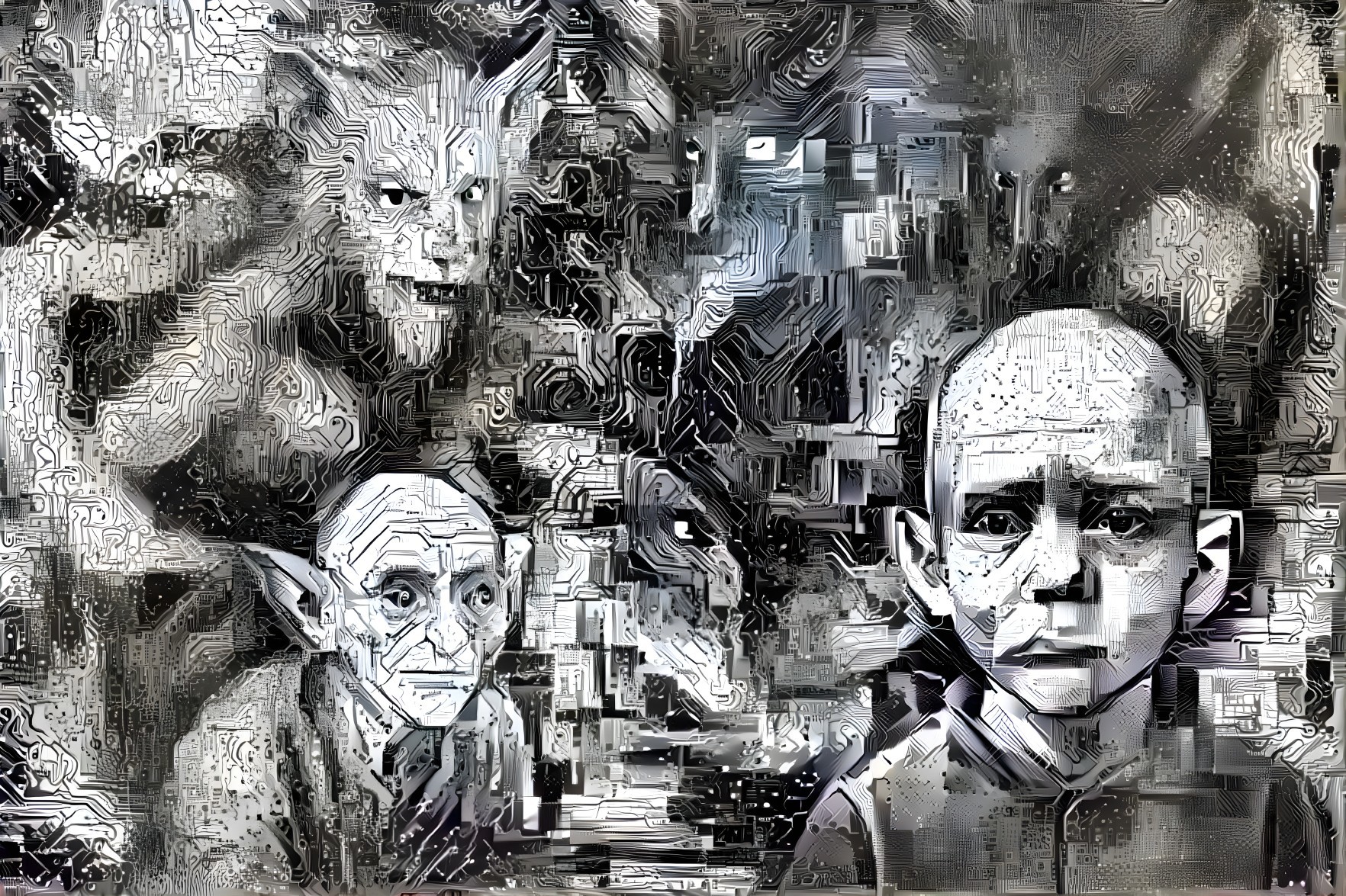 Surreal Digital Landscape with Abstract Circuits and Characters