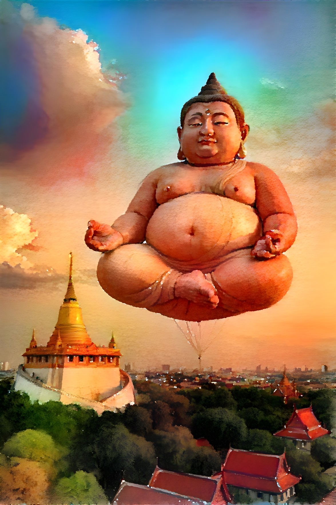 Buddha Figure in Serene Sky Over Picturesque Landscape