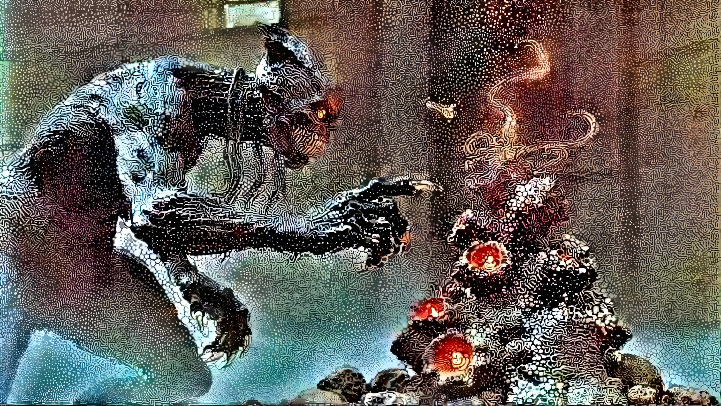 Mysterious Creature Observing Glowing Mound in Shadows