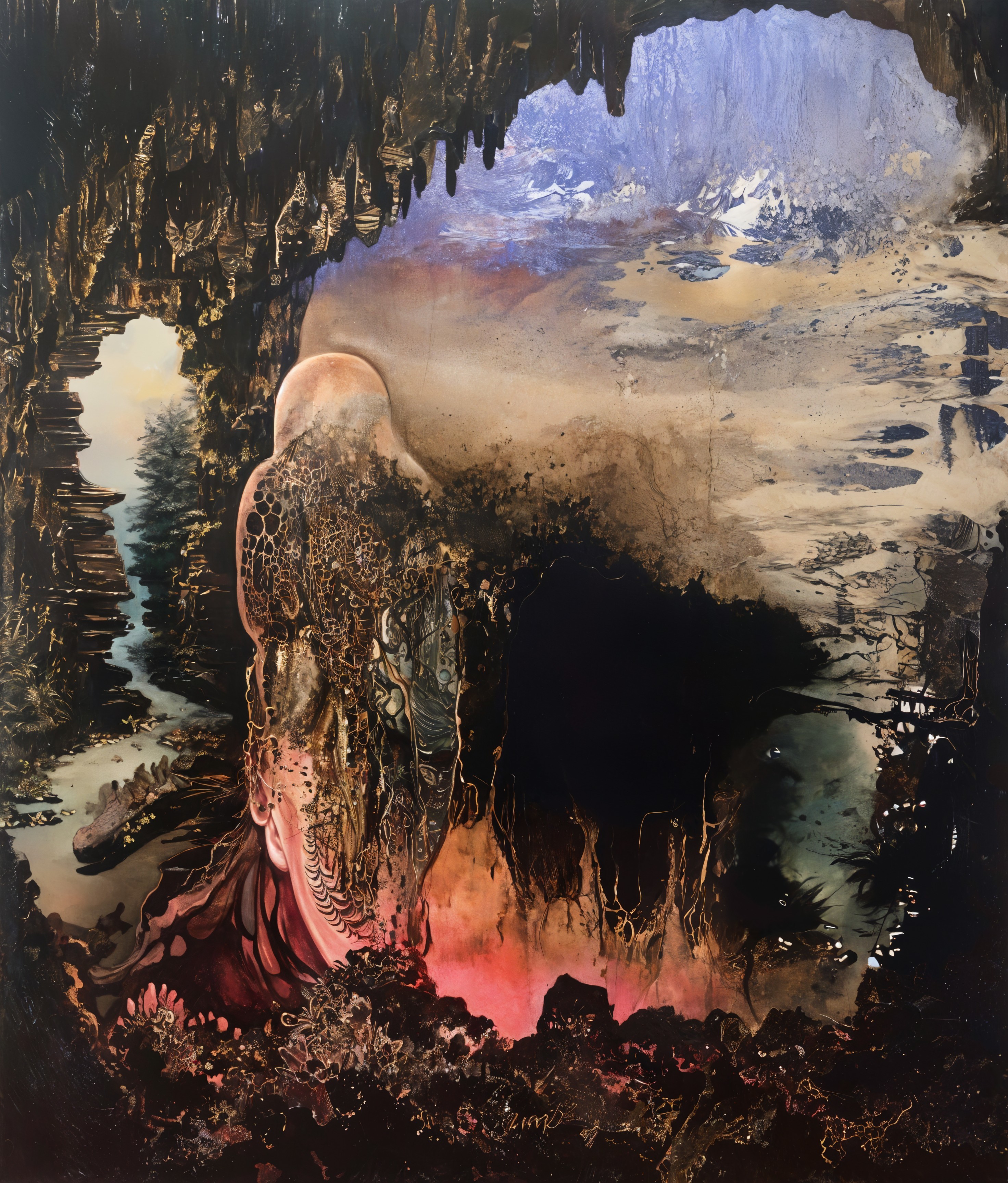 Surreal Landscape with Humanoid Figure and Cave Archway